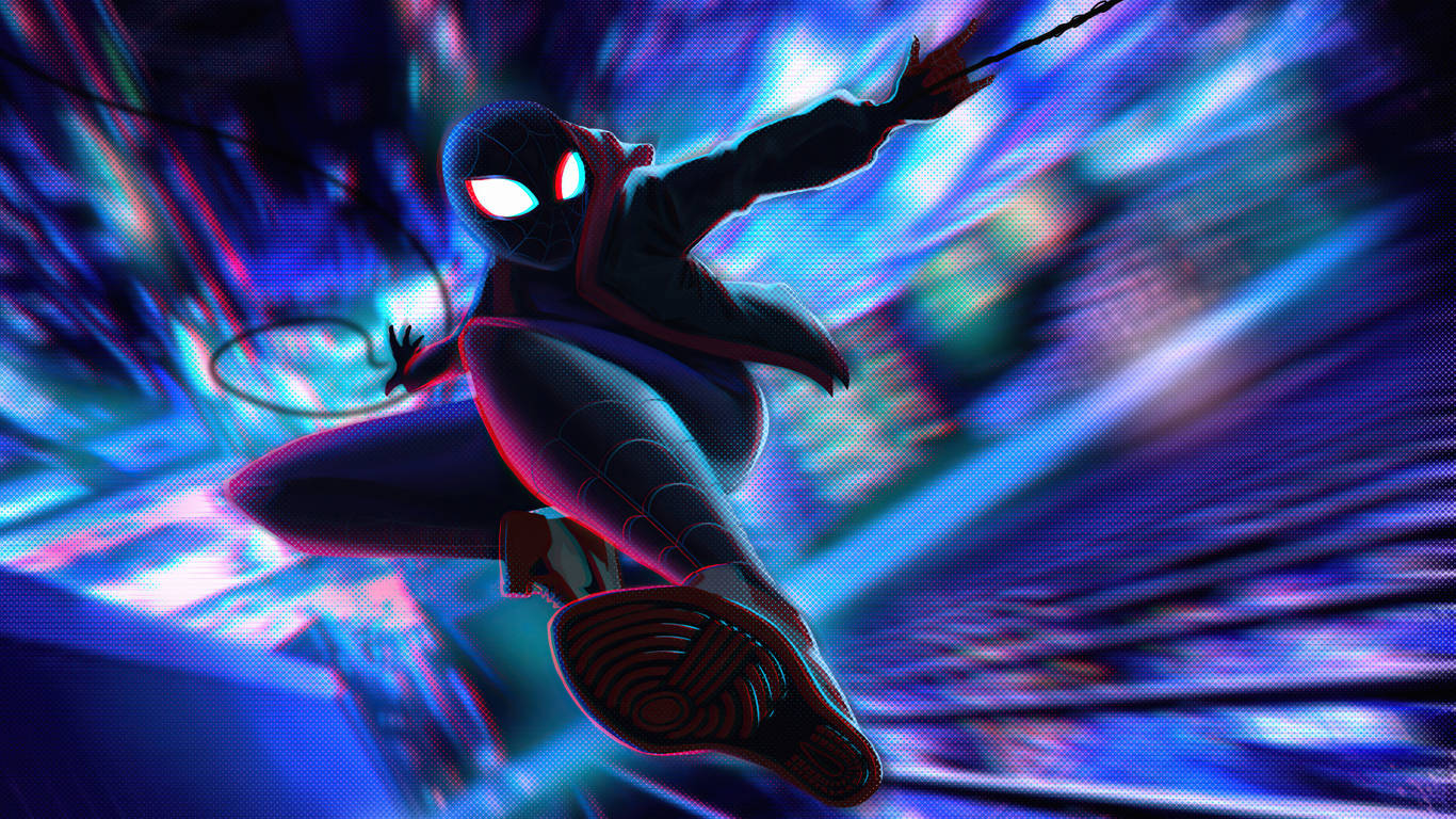 Miles Morales, neon-drenched cityscape, glowing trails, HD Desktop Wallpaper