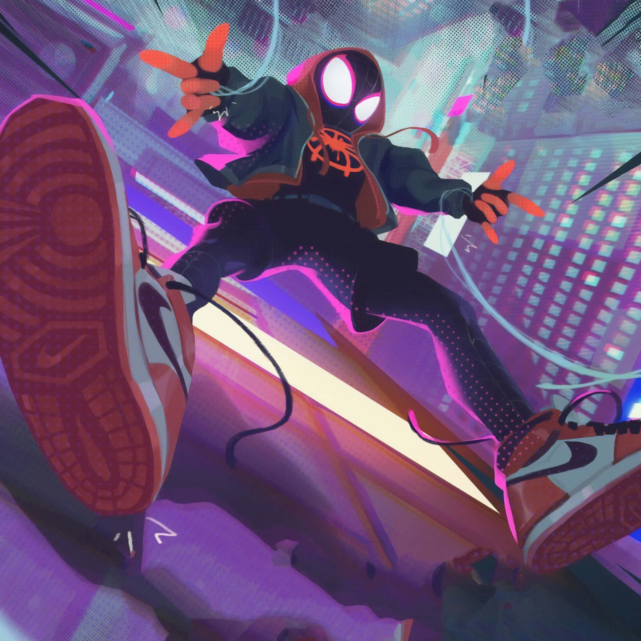 Miles Morales, neon-drenched futuristic cityscape, glowing purple and pink hues, Full HD Desktop Wallpaper