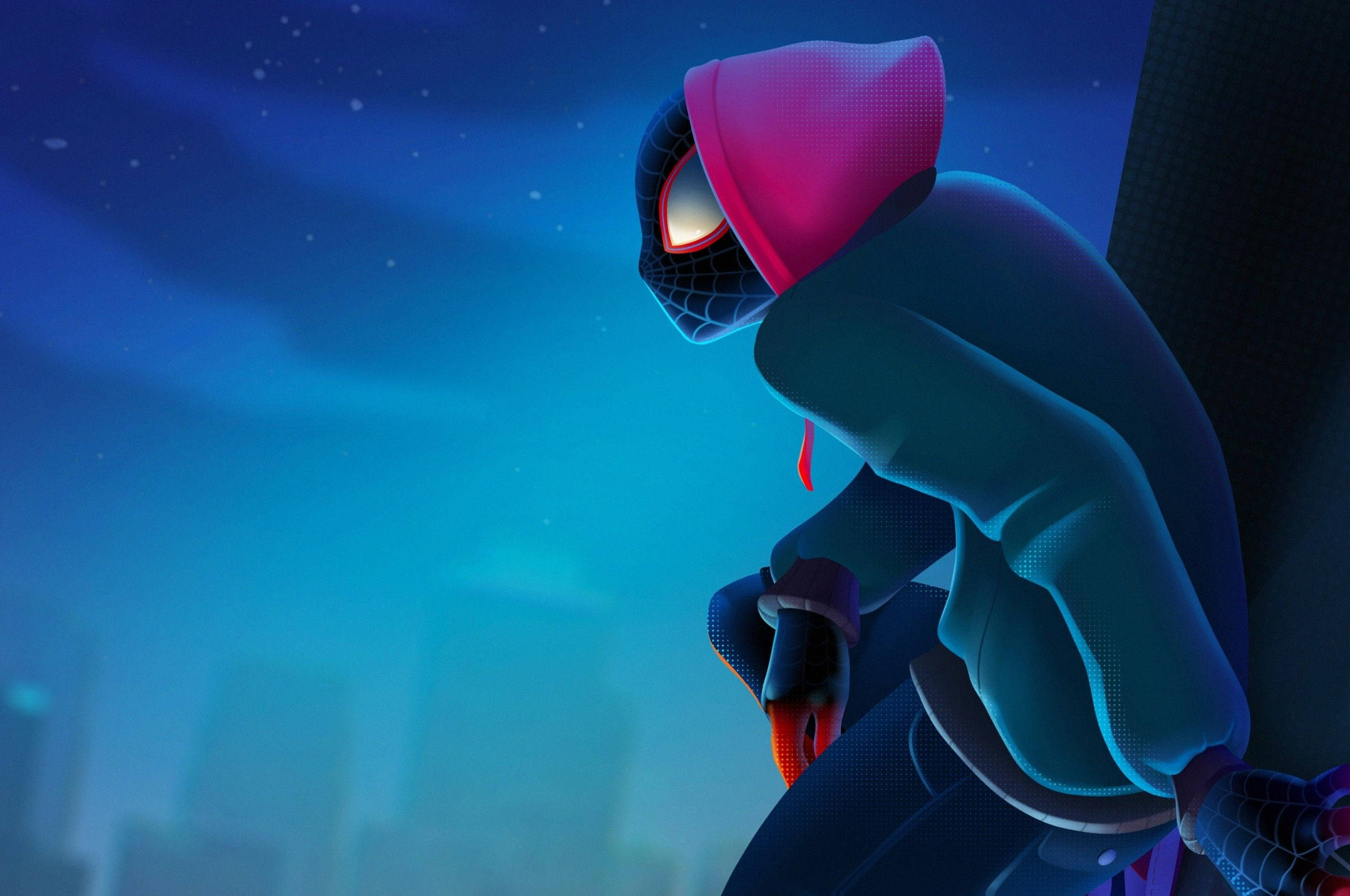Miles Morales, pink hoodie, blue night sky, 2K Desktop Wallpaper