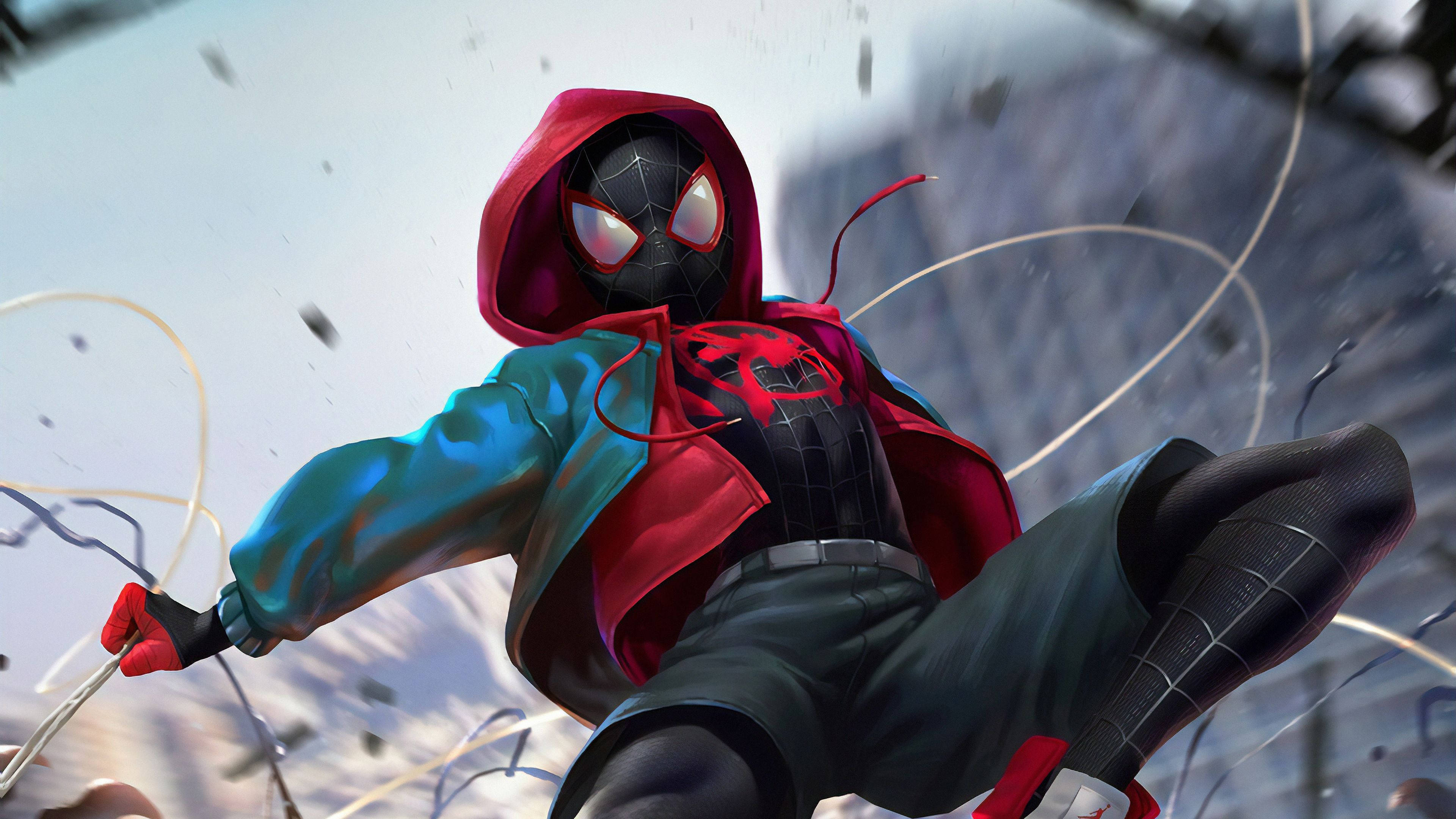 Miles Morales, red hood, teal jacket, 4K Desktop Wallpaper