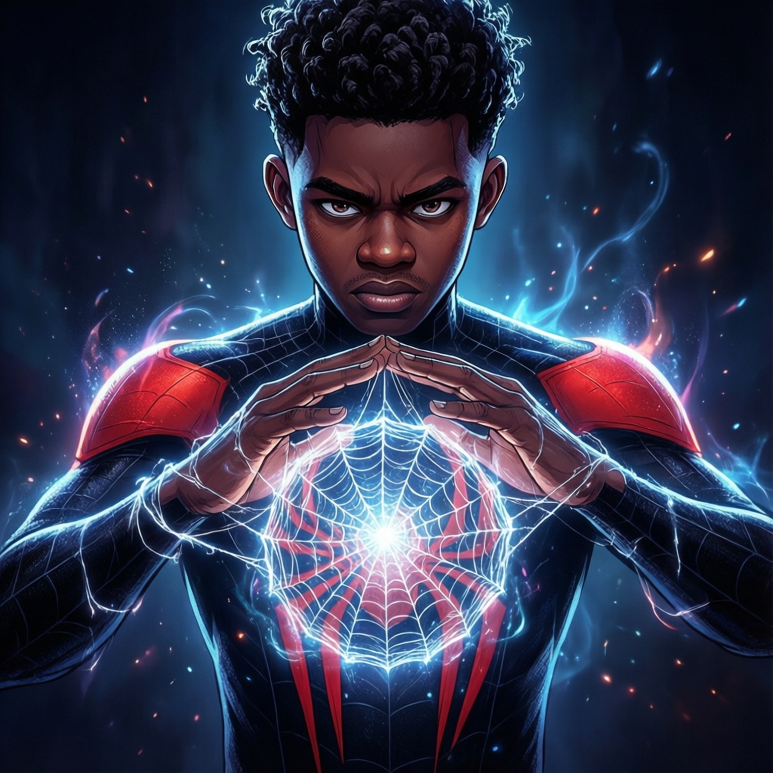 Miles Morales, black and red suit, glowing blue energy, HD Desktop Wallpaper