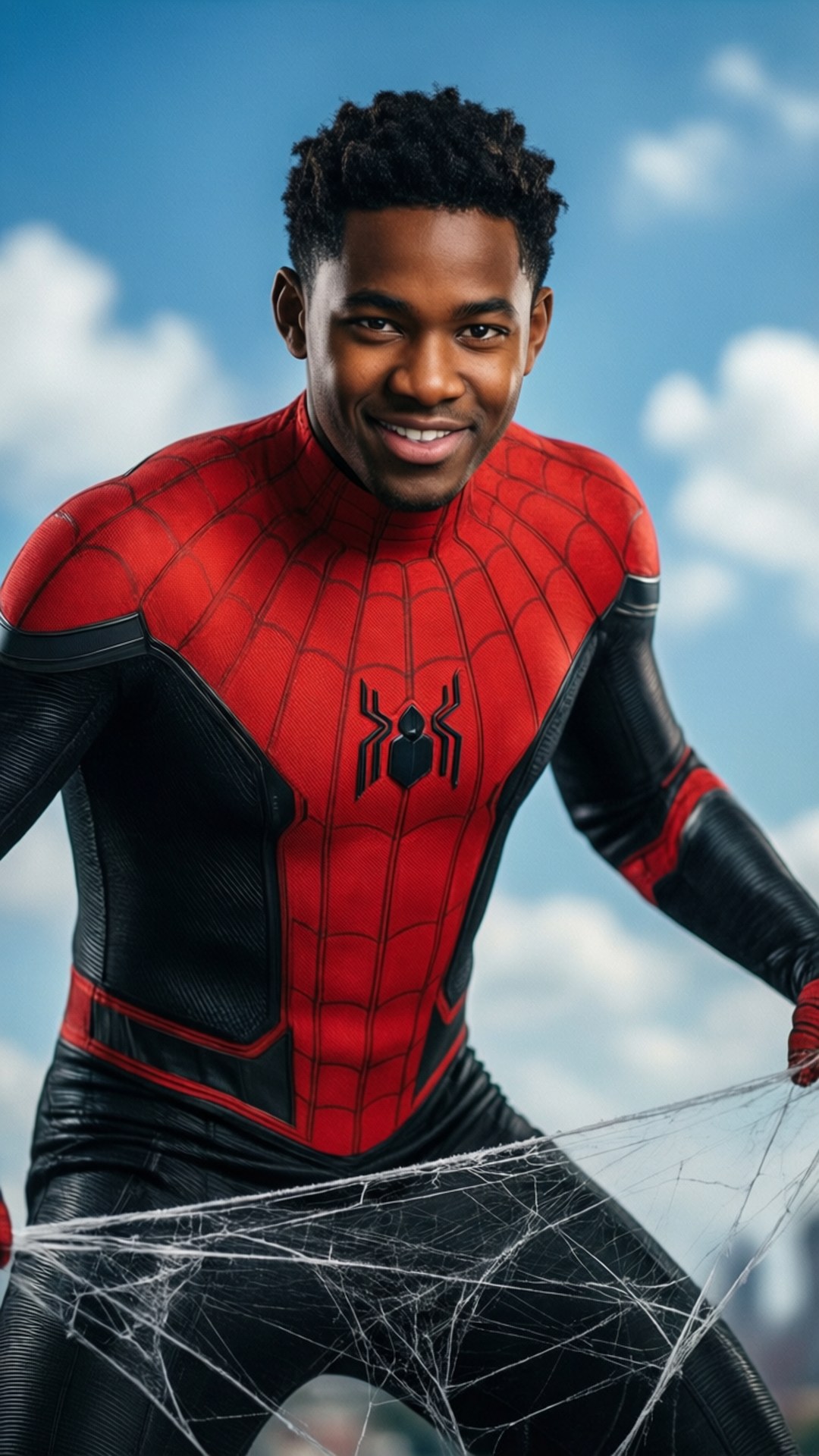 Miles Morales, red and black Spider-Man suit, blue sky with clouds, Full HD Phone Wallpaper