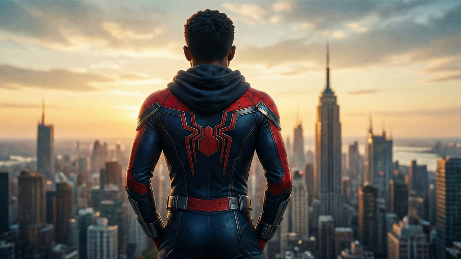 Miles Morales, red and blue suit, cityscape, Full HD Desktop Wallpaper