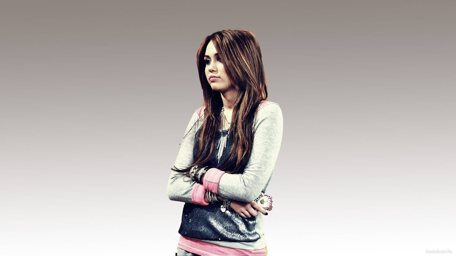 Miley Cyrus, long brown hair, arms crossed, Full HD Desktop Wallpaper