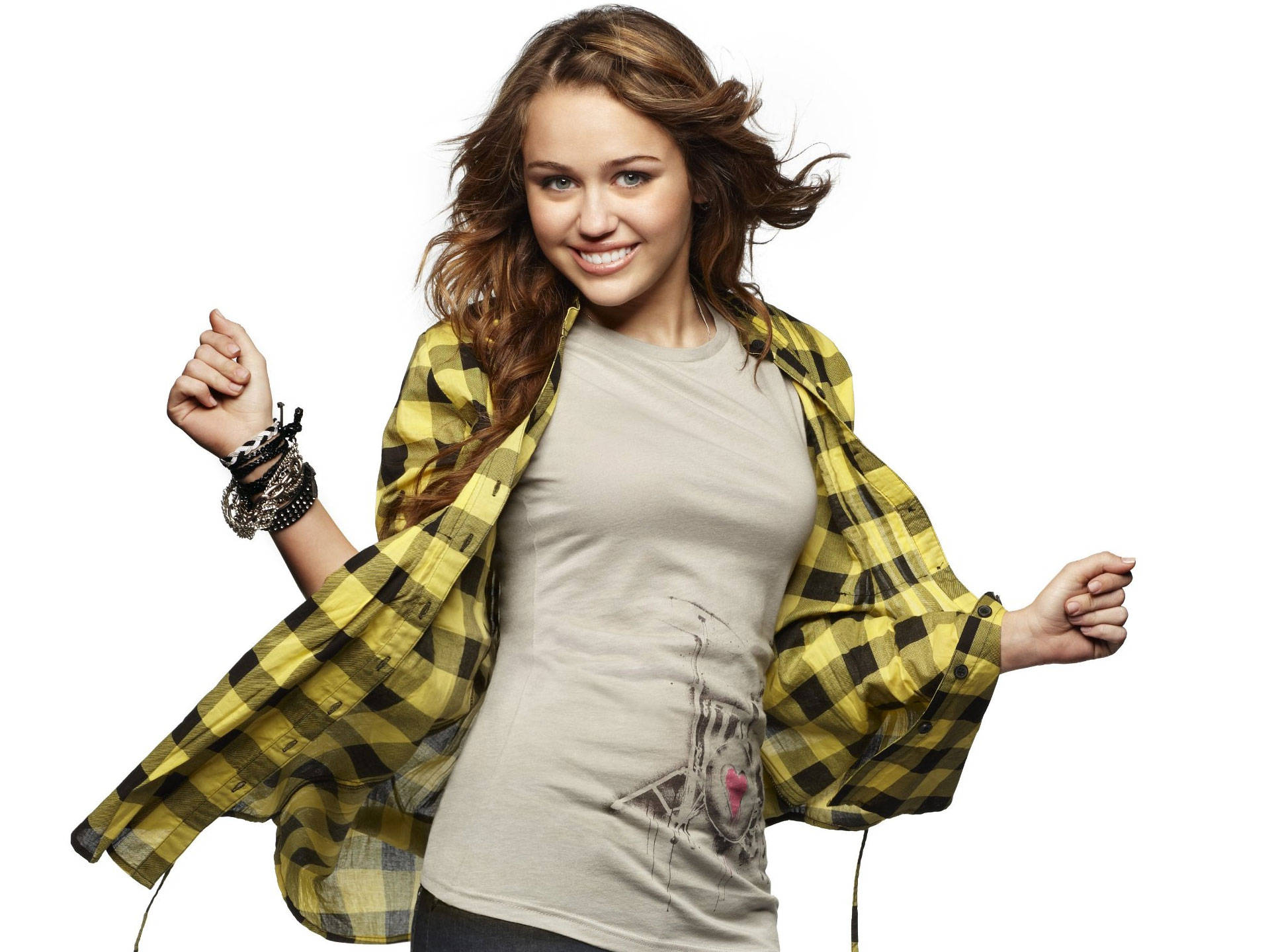 Miley Cyrus, yellow flannel, wavy brown hair, Full HD Desktop Wallpaper