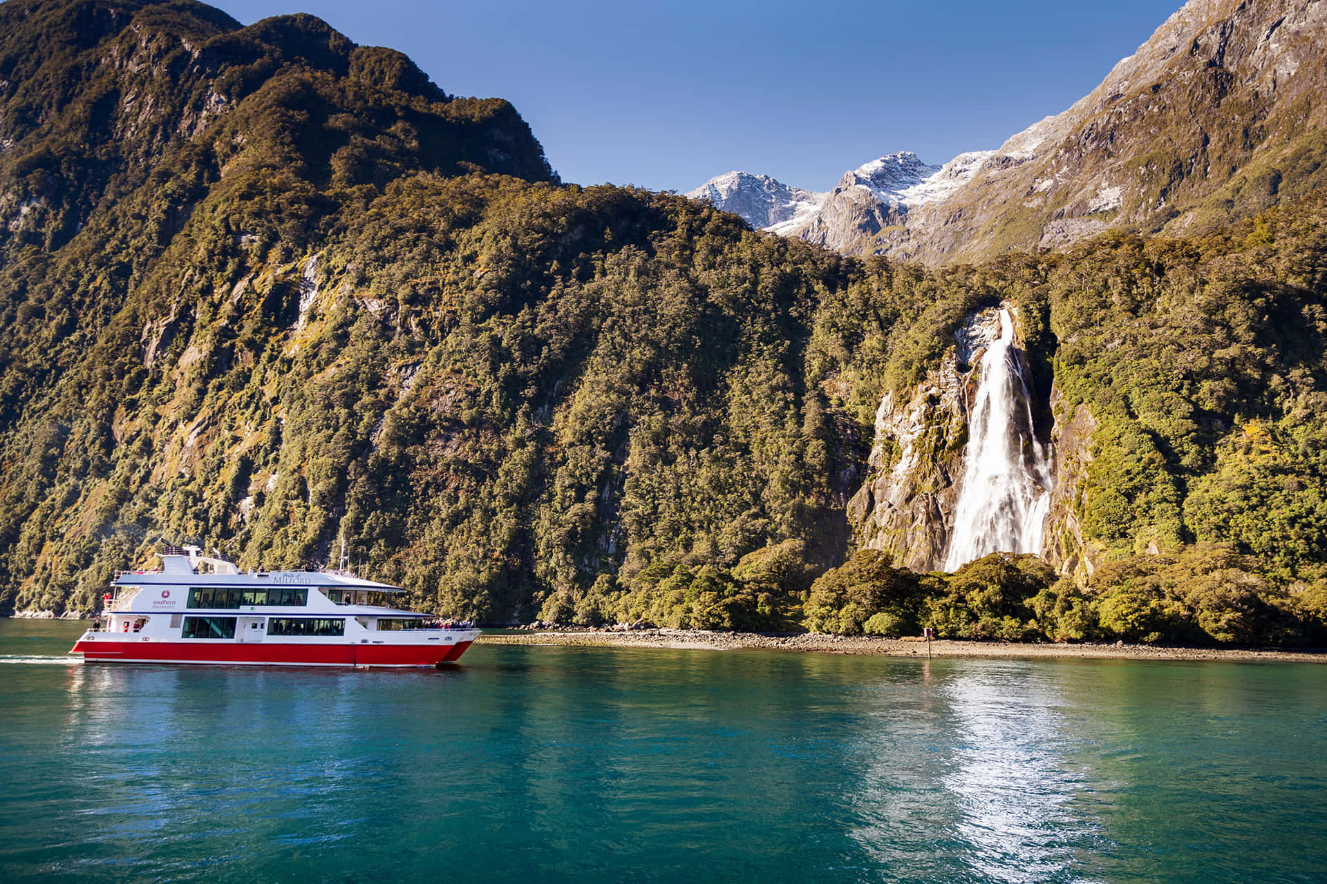 Milford Sound, cruise ship, turquoise waters, Full HD Desktop Wallpaper