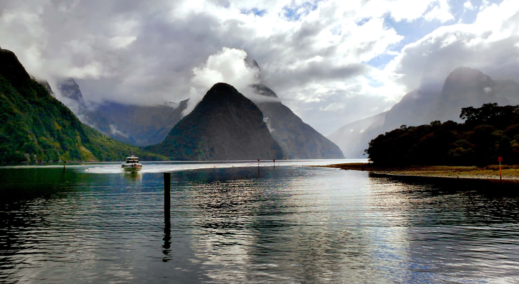 Milford Sound, thick white clouds, calm fjord, Full HD Desktop Wallpaper