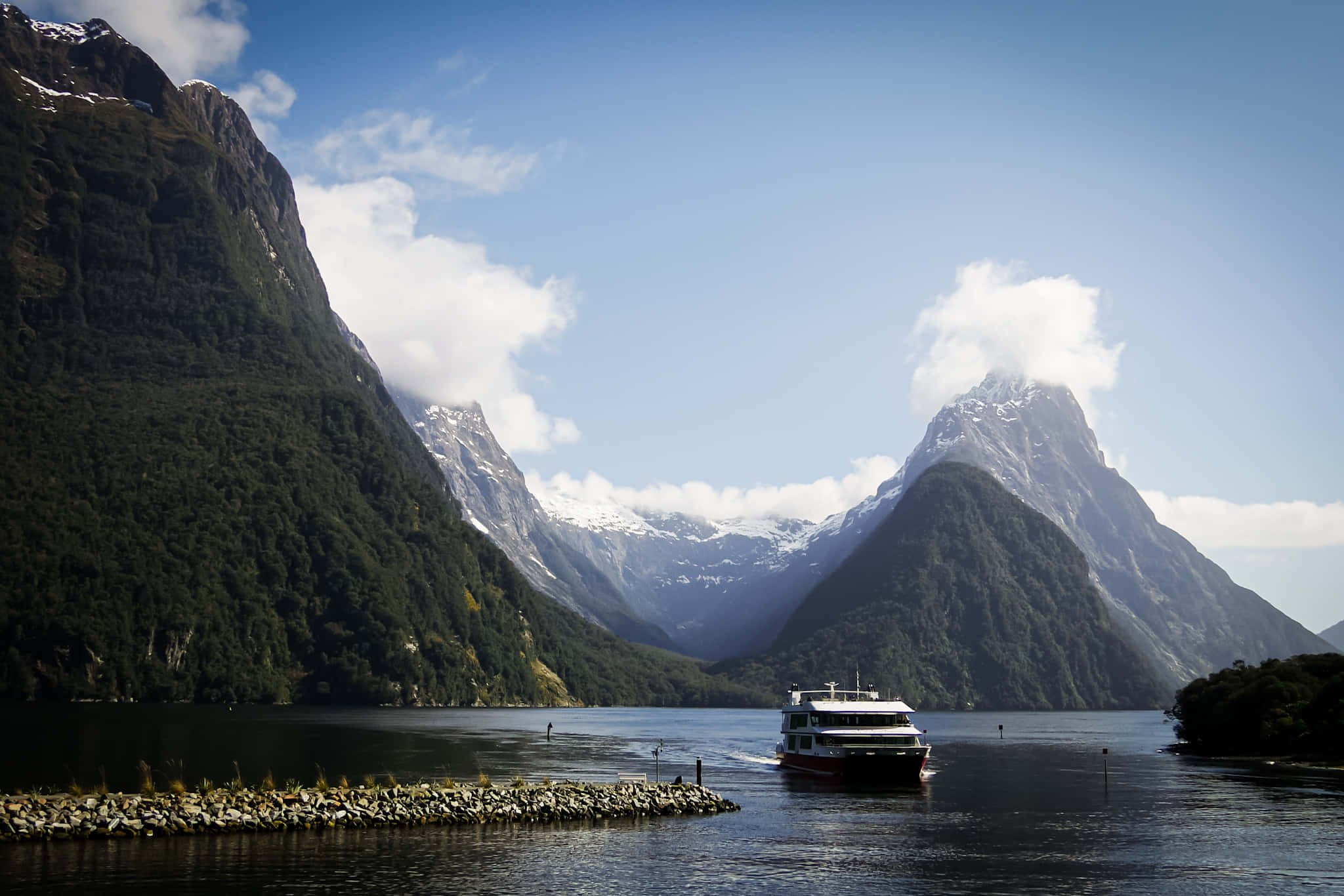 Milford Sound, cruise ship, red and white, Full HD Desktop Wallpaper