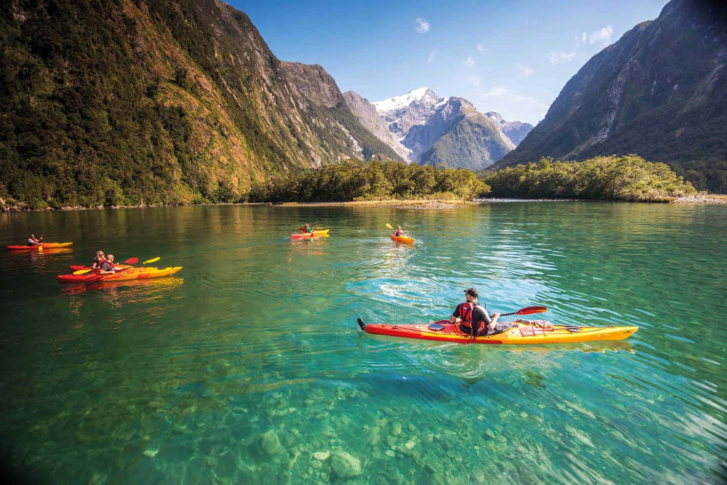 Milford Sound, vibrant orange kayaks, crystal clear turquoise waters, HD Desktop Wallpaper