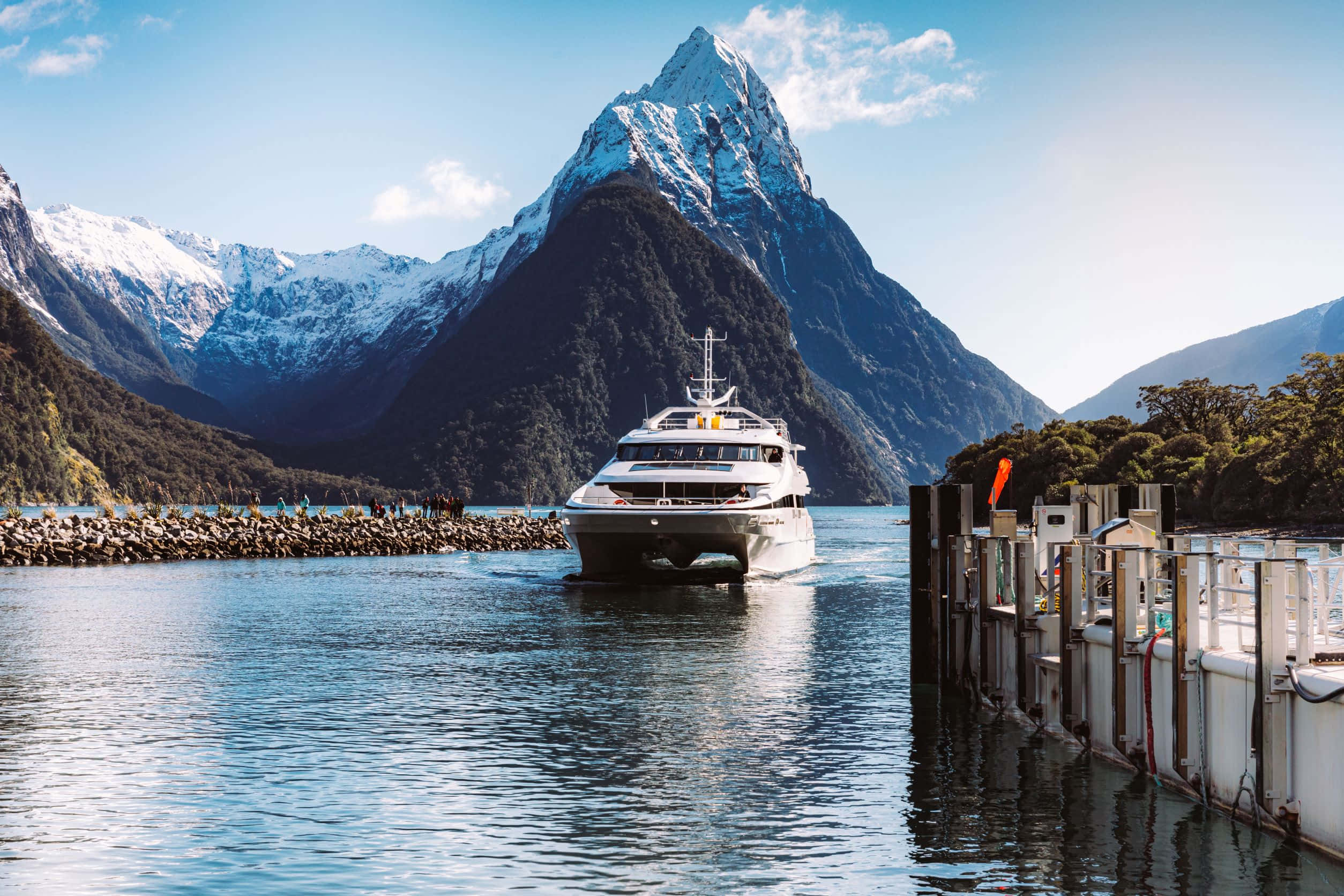 cruise ship, Milford Sound, wooden pier, Full HD Desktop Wallpaper