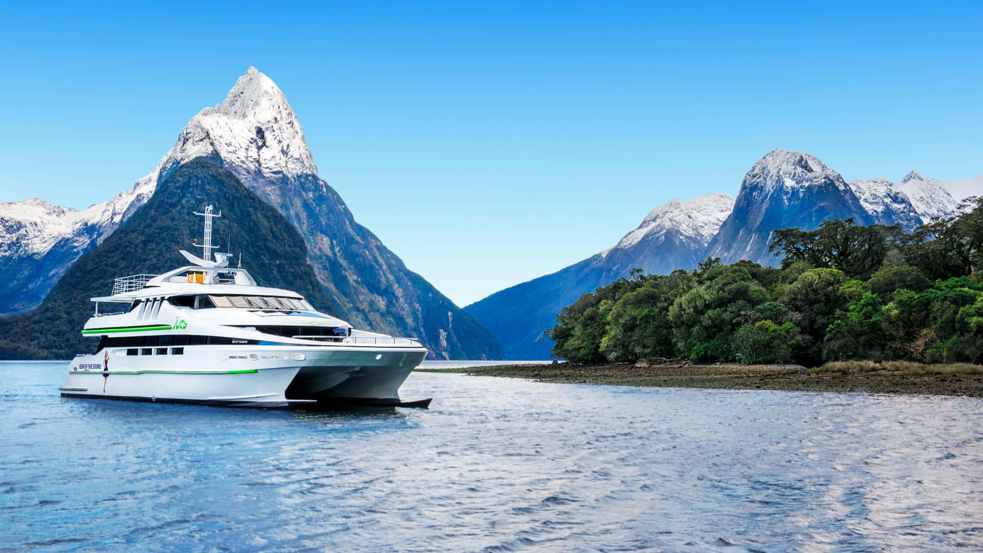 Milford Sound, green plants, rock faces, Full HD Desktop Wallpaper