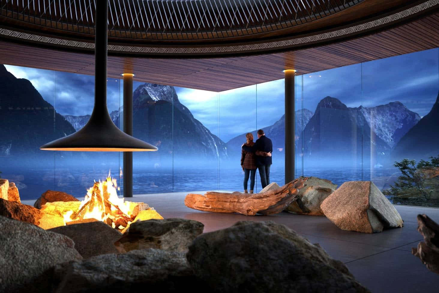 Milford Sound, glowing fire pit, modern glass-walled pavilion, HD Desktop Wallpaper