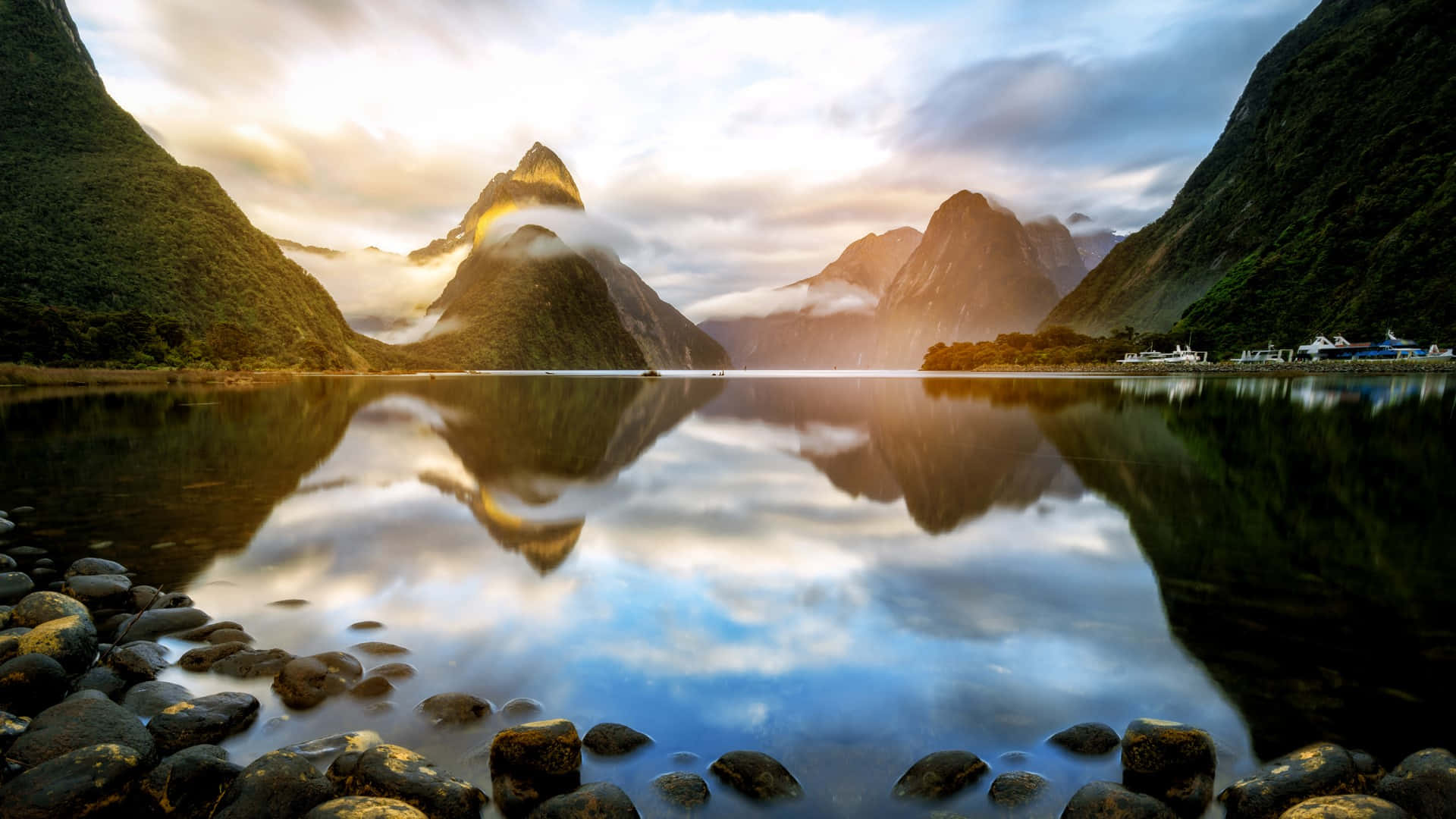 Milford Sound, sunset sky, jagged green mountains, Full HD Desktop Wallpaper