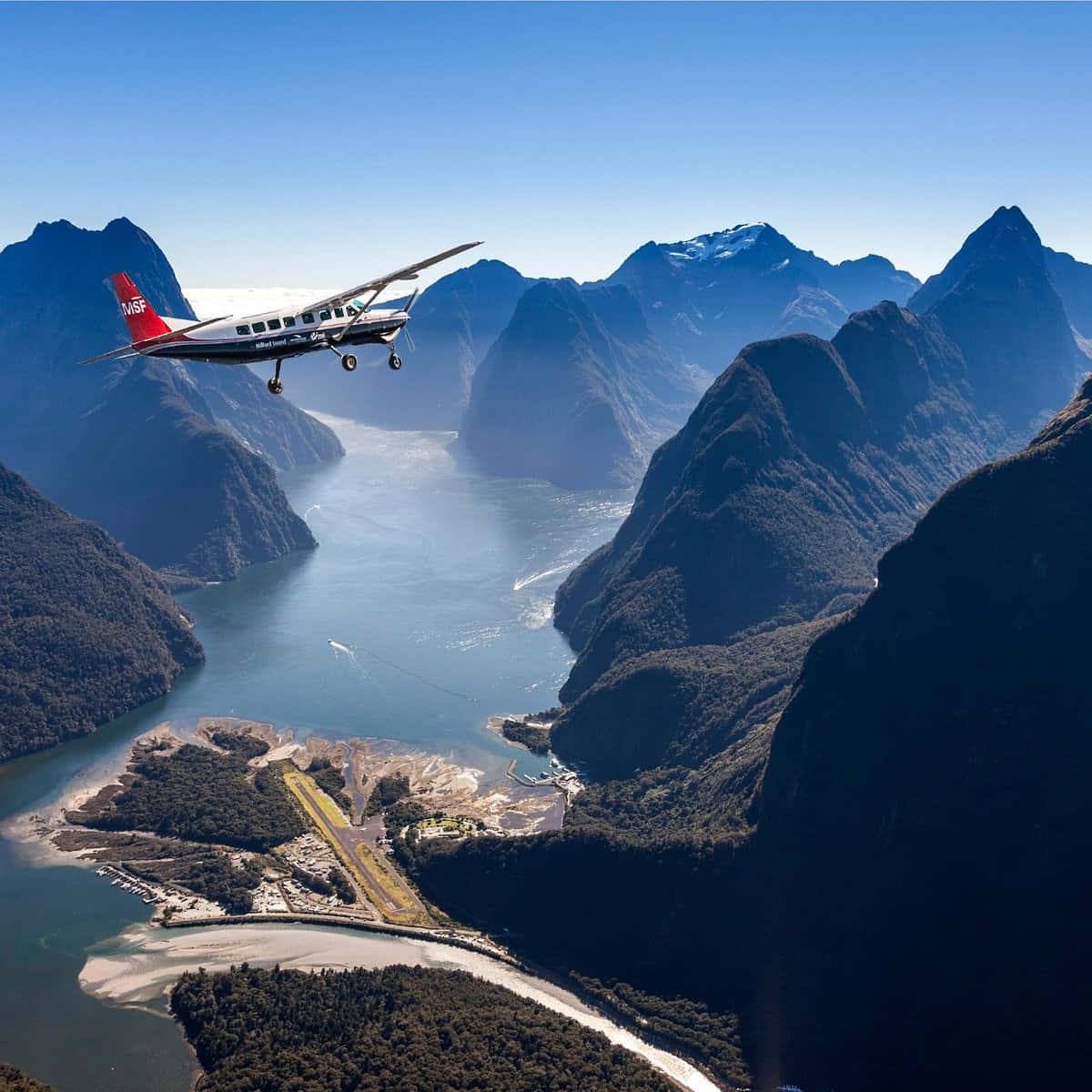 Milford Sound, plane, fjord, SD Desktop Wallpaper