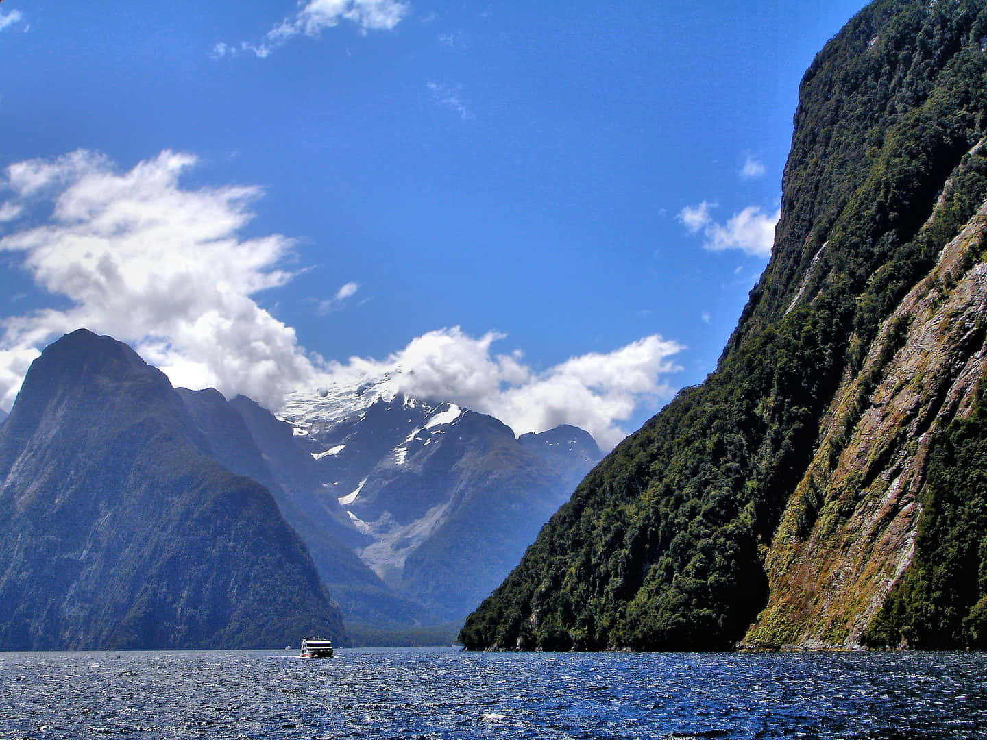 Milford Sound, deep blue fjord, towering green cliffs, HD Desktop Wallpaper