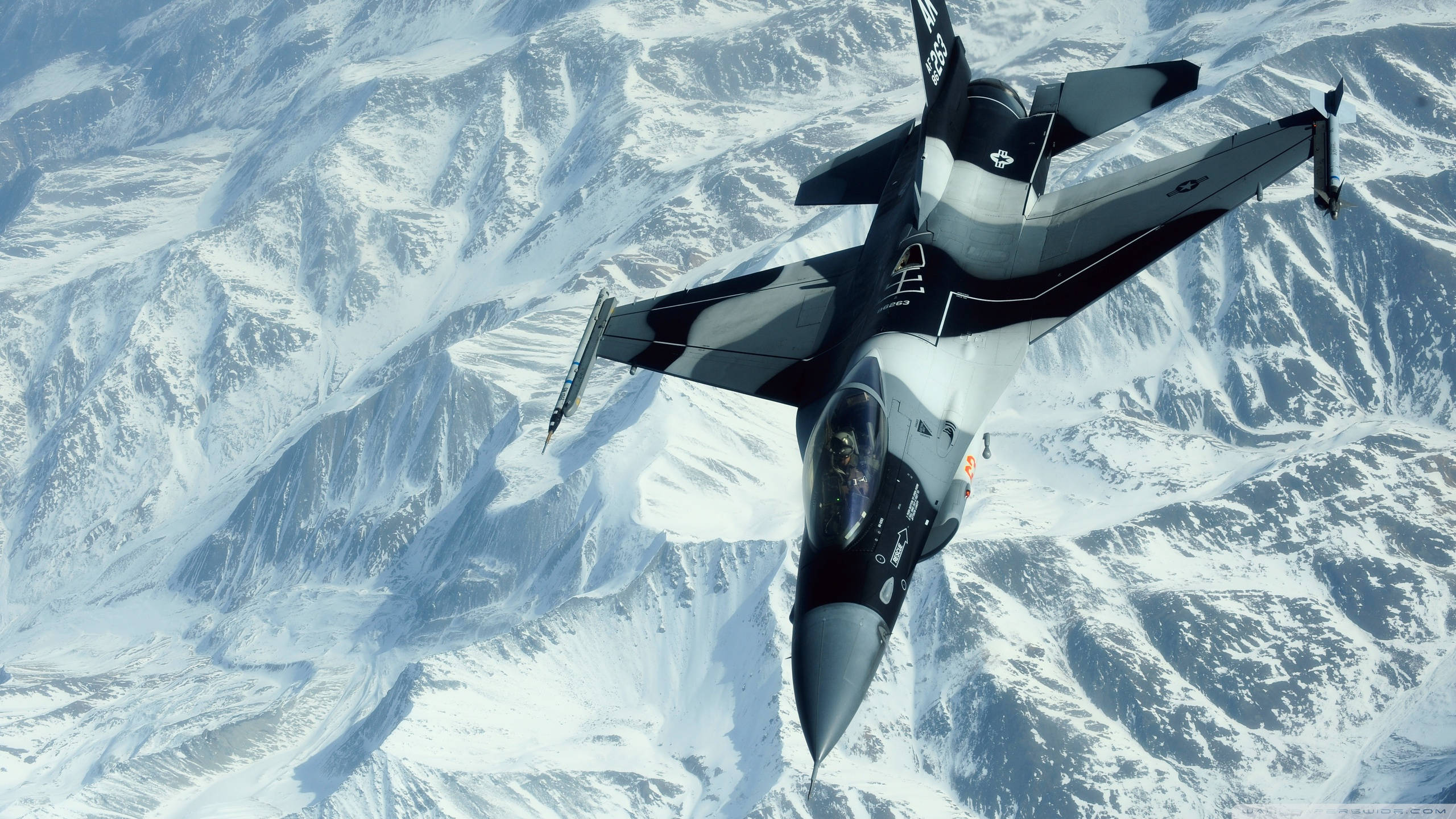 fighter jet, snow-covered mountain range, clear skies, 2K Desktop Wallpaper