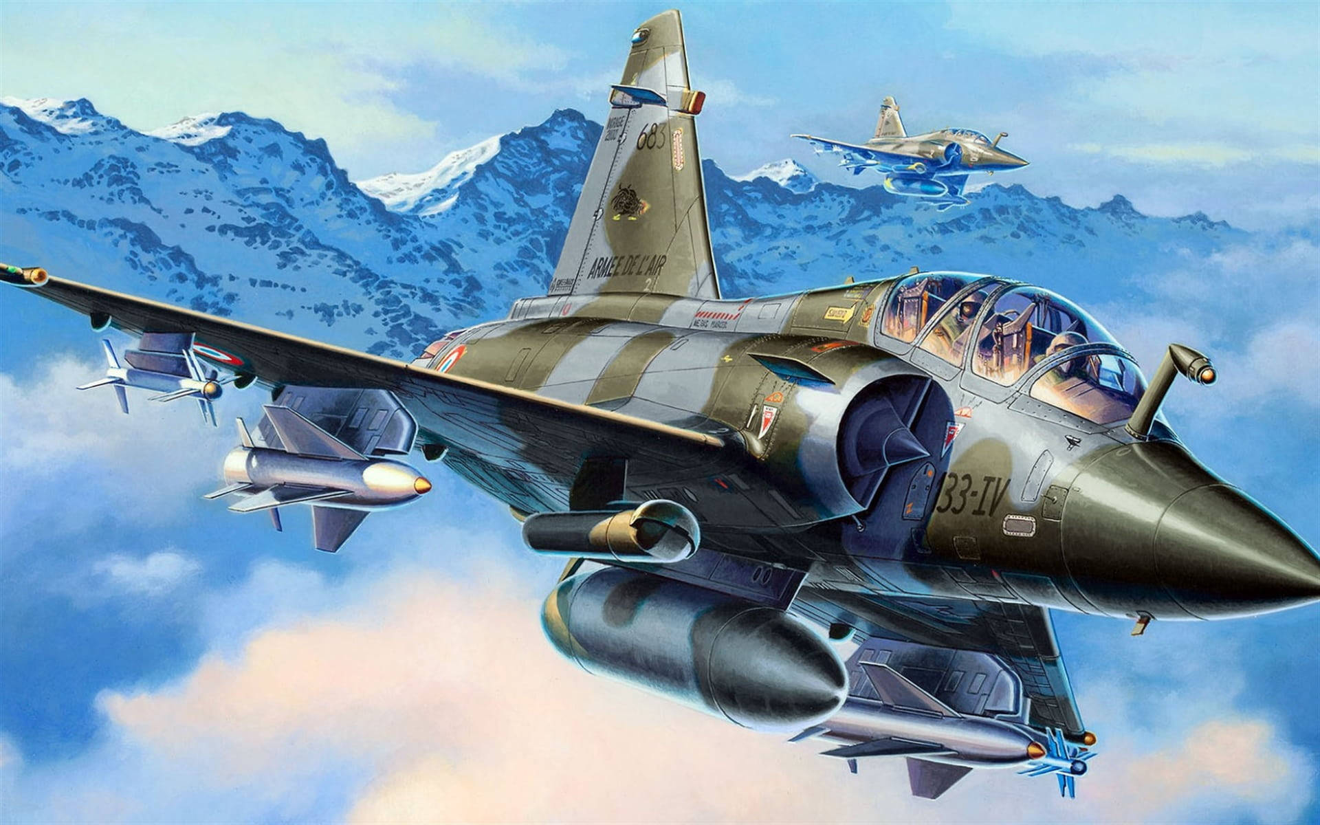 military fighter plane, bright blue sky, snow-capped mountains, Full HD Desktop Wallpaper