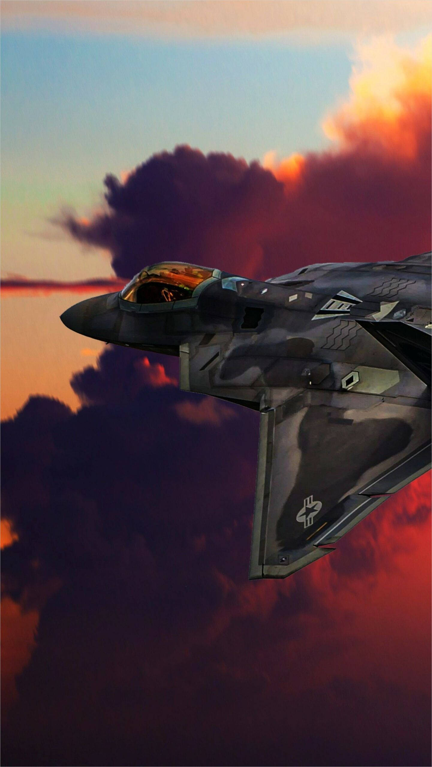 fighter jet, dramatic sunset, fiery orange clouds, 2K Phone Wallpaper