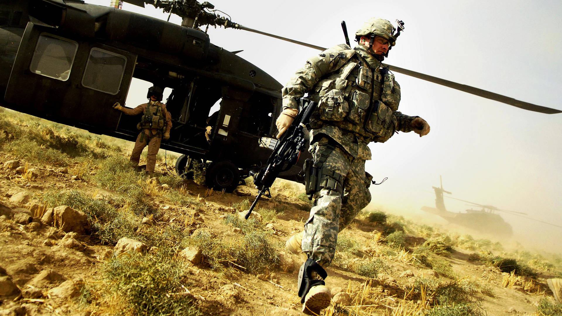 military helicopter, black helicopter, soldier in full gear, Full HD Desktop Wallpaper