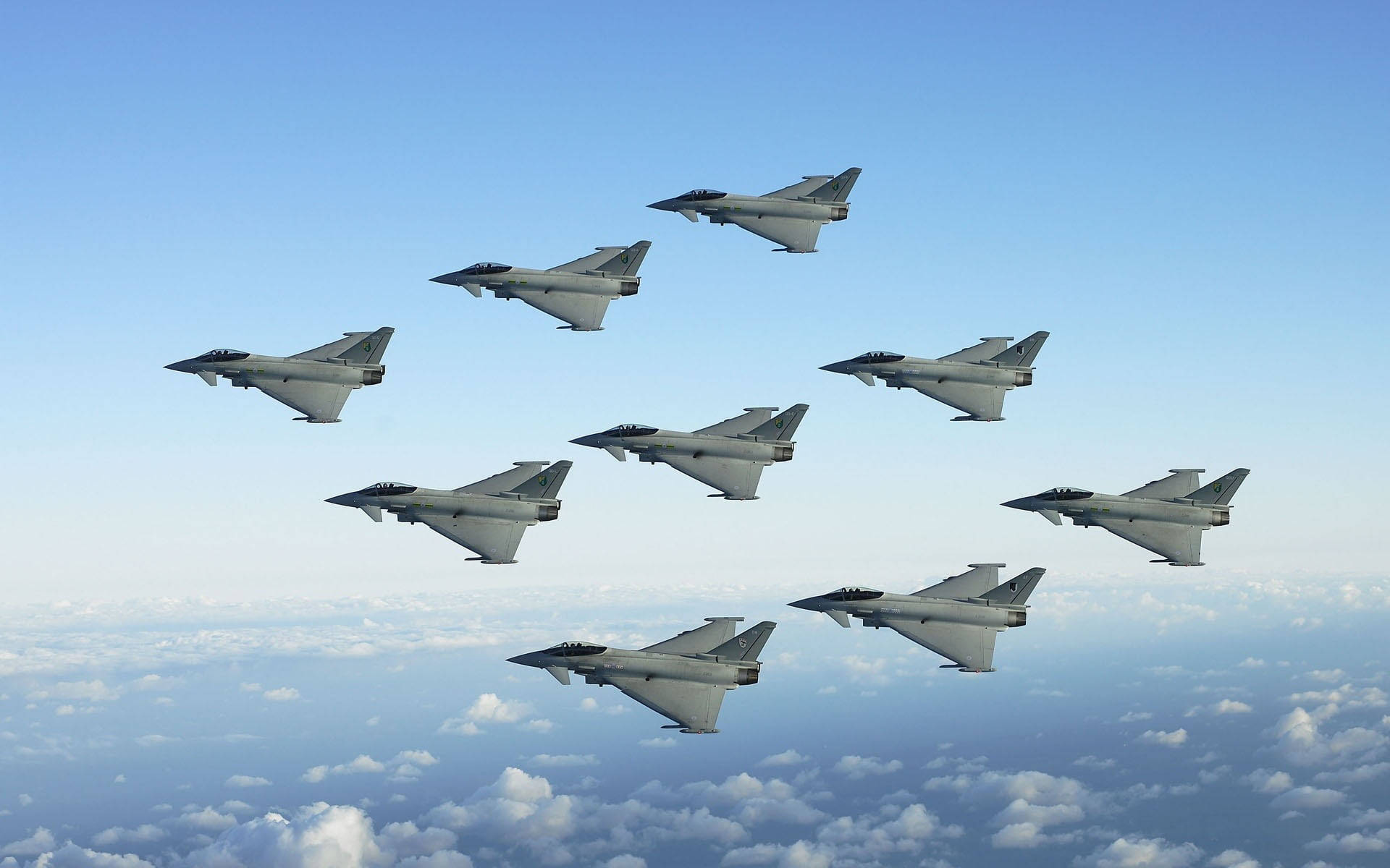 fighter jets, tight formation, fluffy white clouds, Full HD Desktop Wallpaper