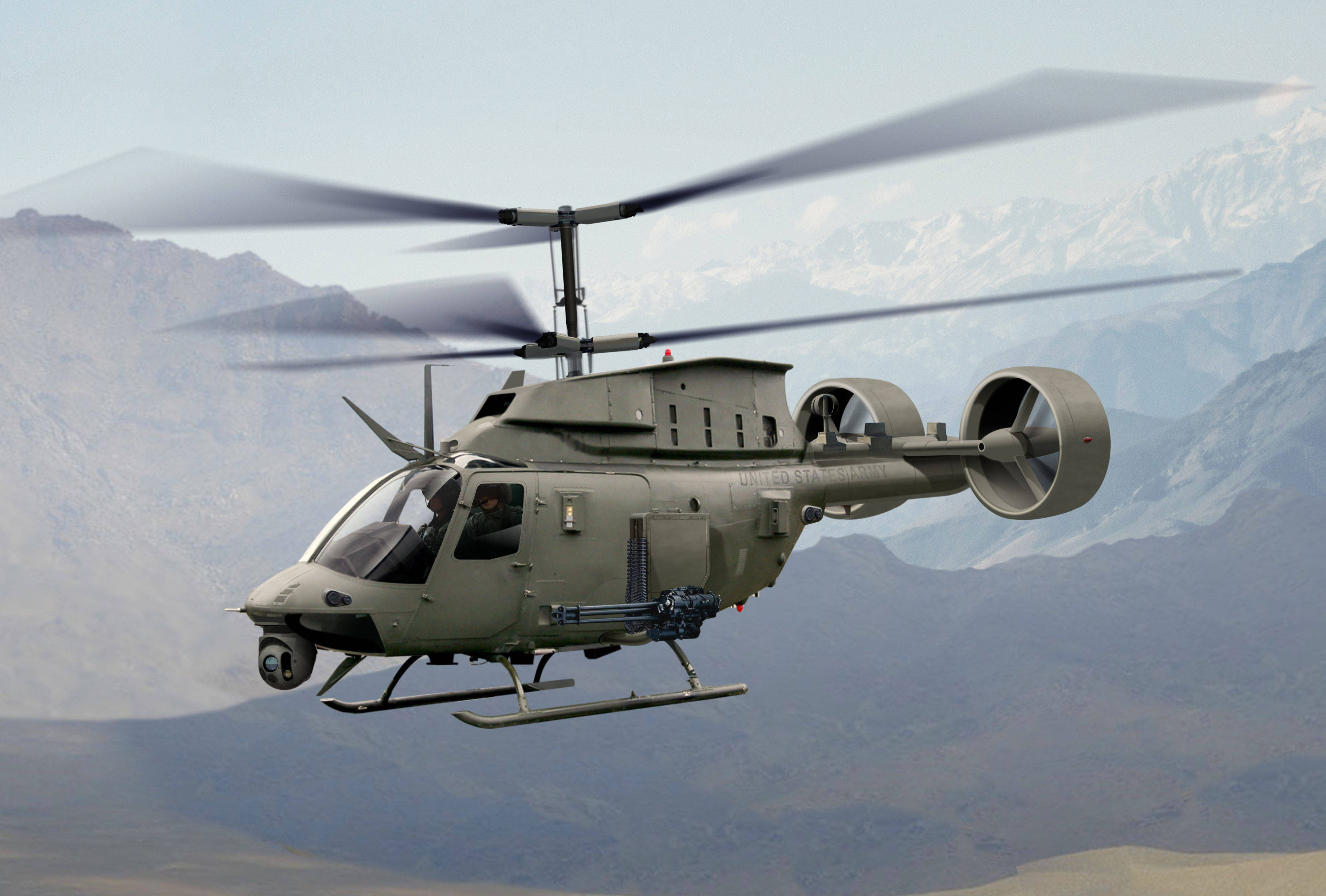 military helicopter, heavy cannon, rugged mountains, 4K Desktop Wallpaper