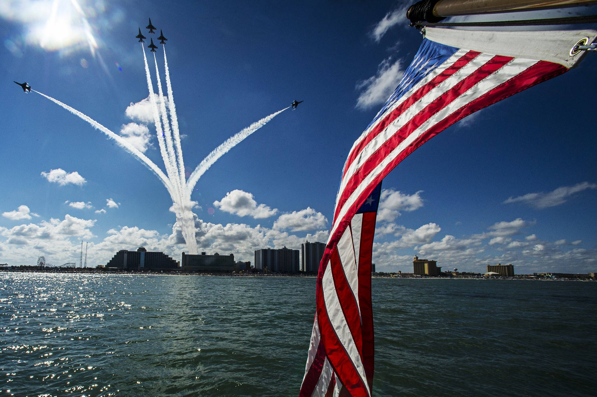 American flag, fighter jets, white smoke trails, Full HD Desktop Wallpaper