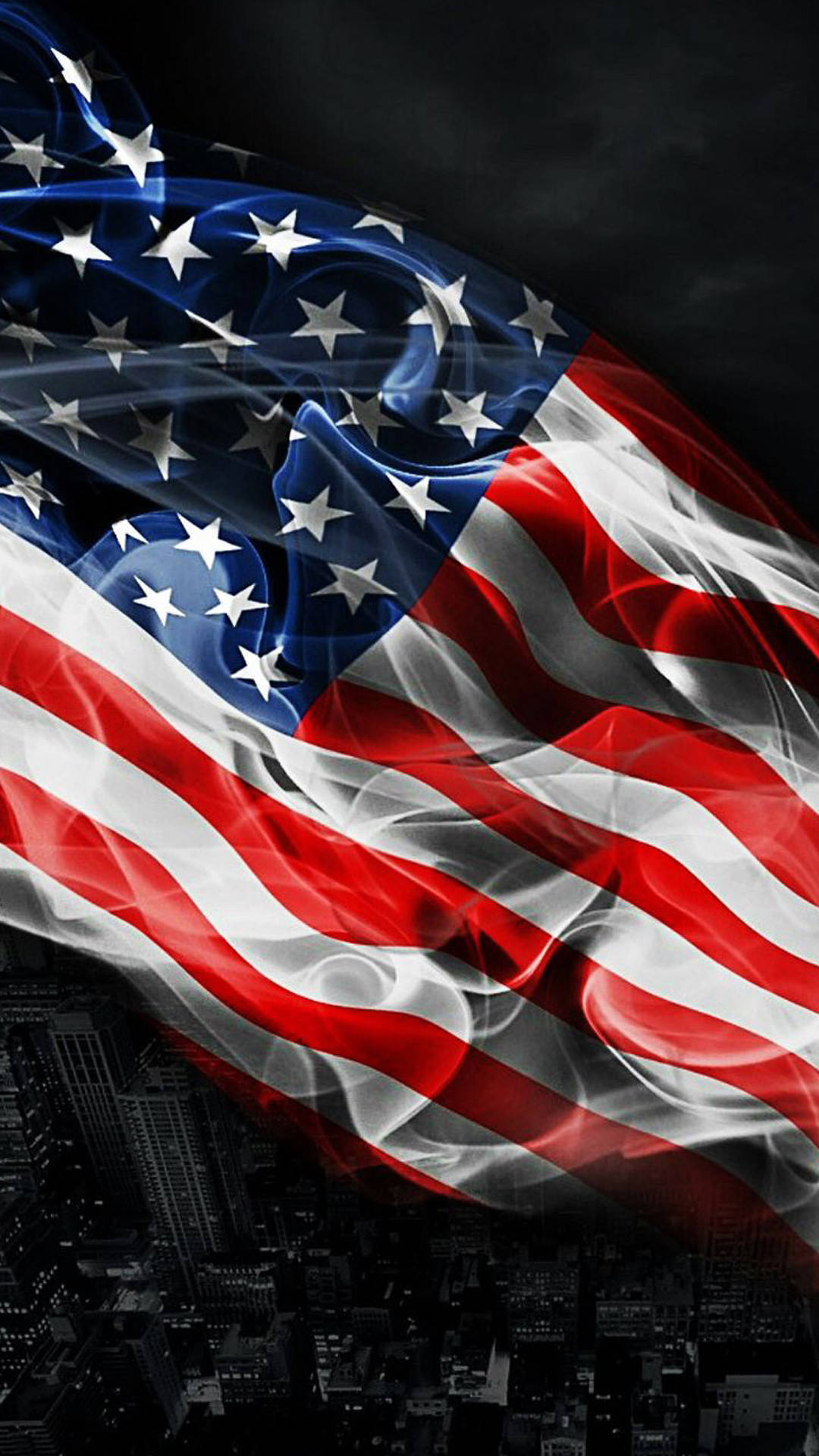 American Flag, dark cityscape, night, Full HD Phone Wallpaper