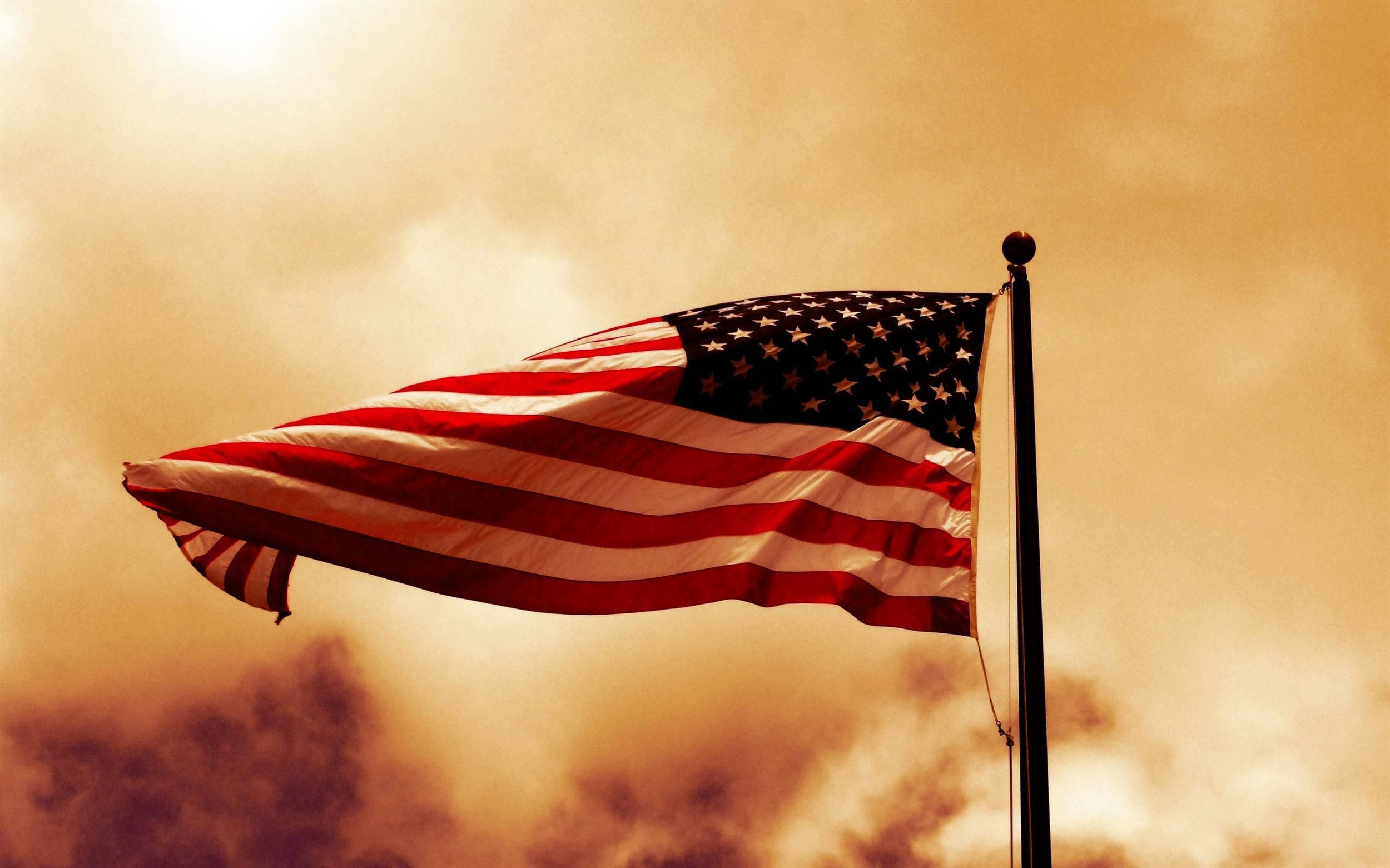 American flag, golden sunset sky, dramatic clouds, Full HD Desktop Wallpaper