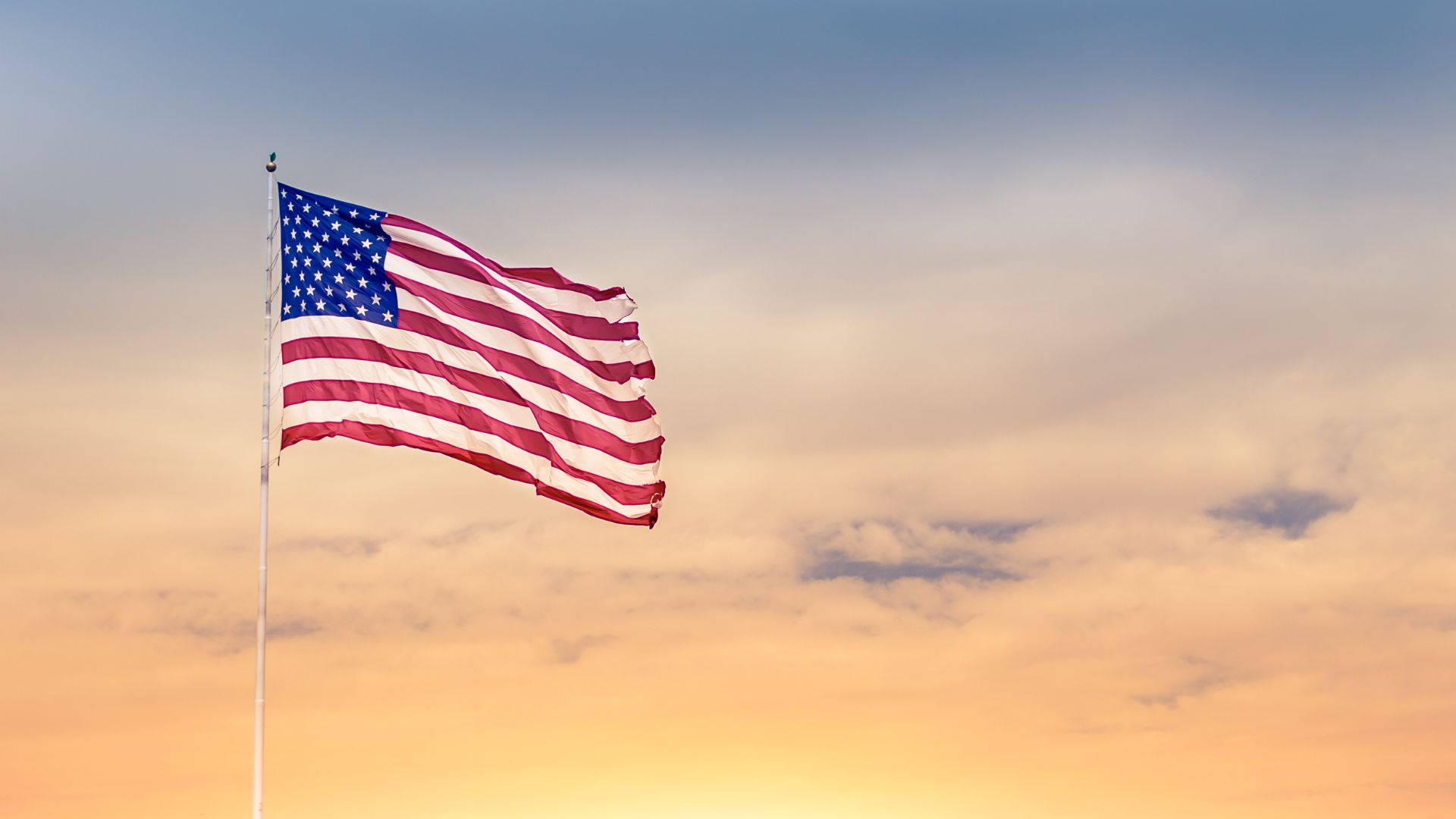 American flag, pole, golden sunset, Full HD Desktop Wallpaper