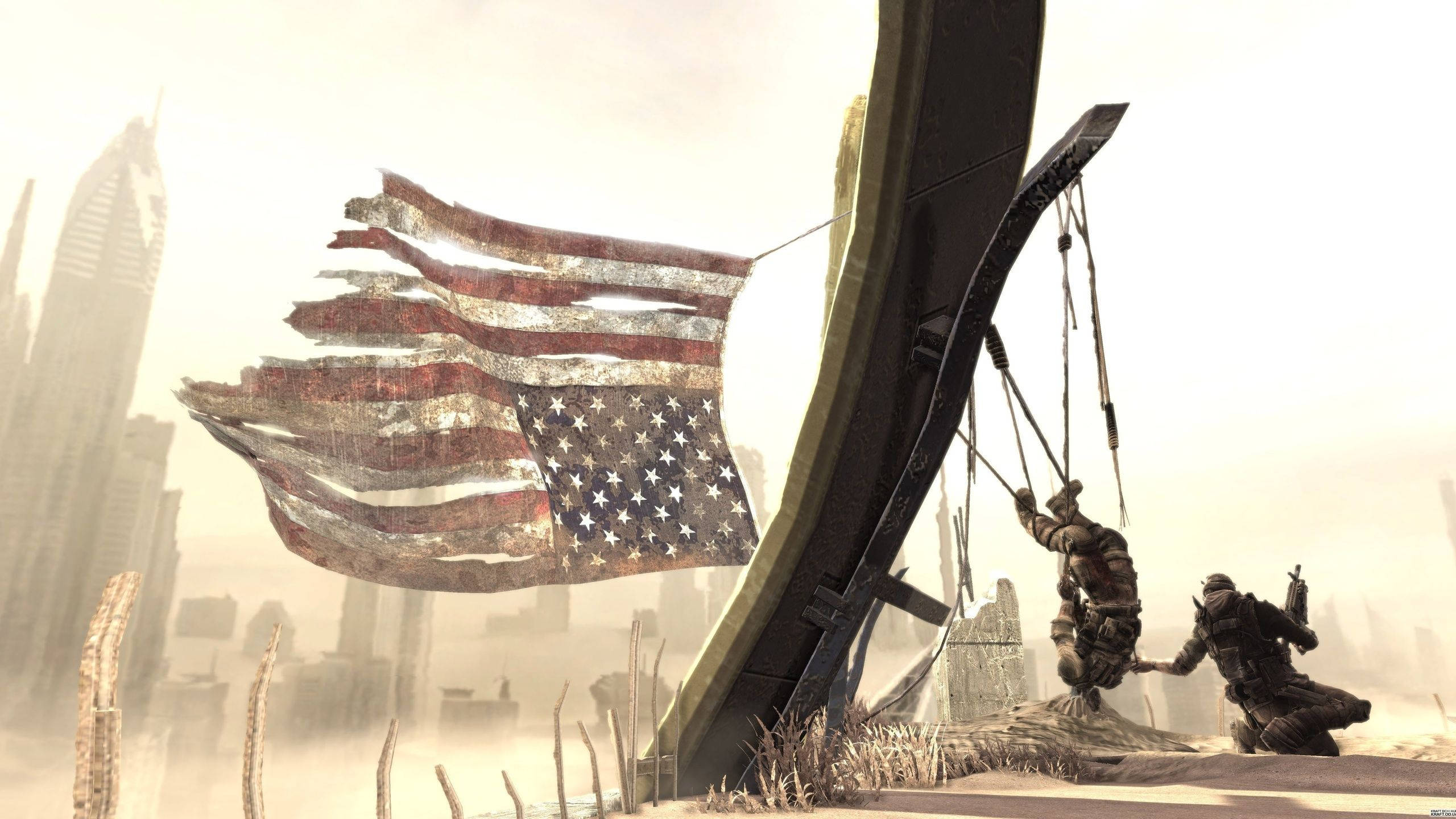 American flag, soldiers, broken structure, 2K Desktop Wallpaper
