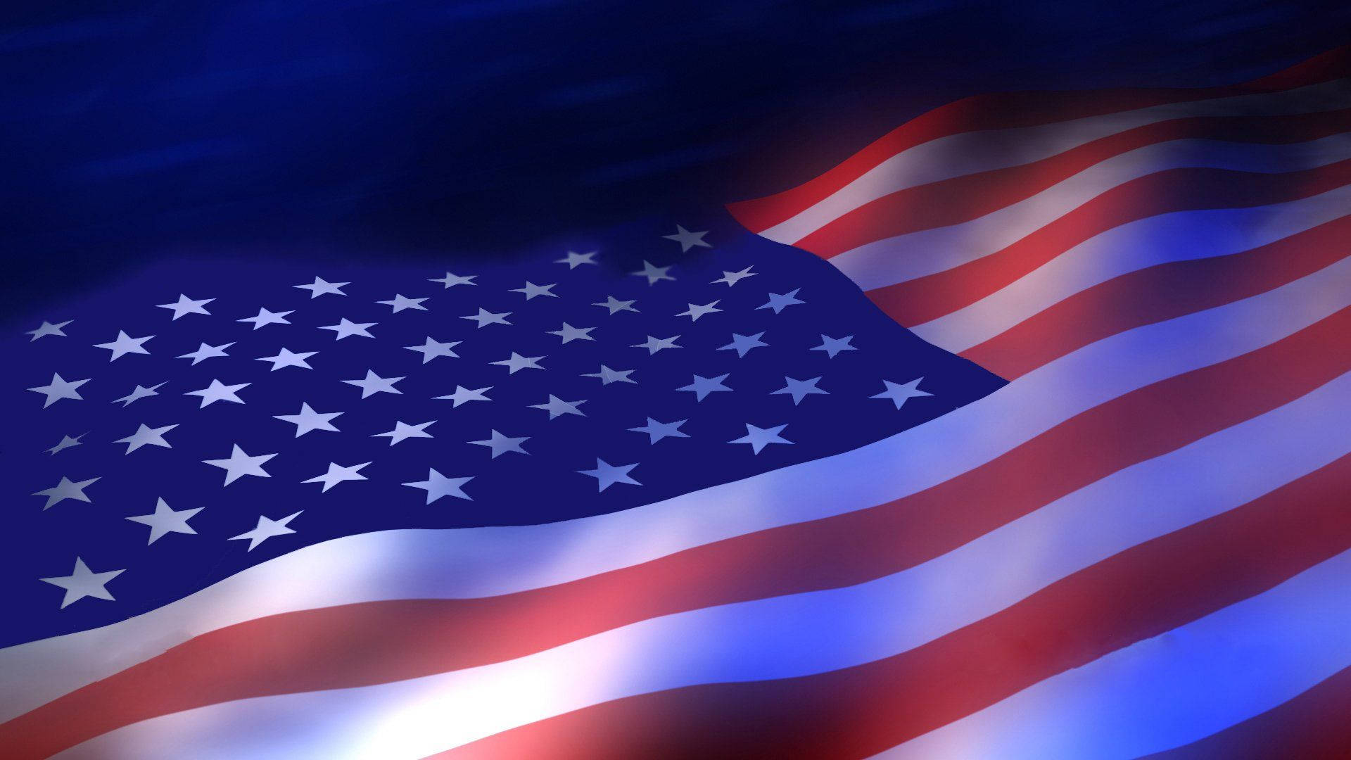 American flag, blue lighting, glowing red white stripes, Full HD Desktop Wallpaper