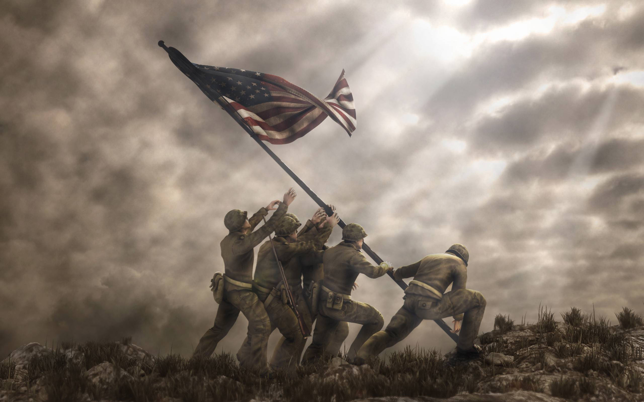 American flag, soldiers, rugged hill, 2K Desktop Wallpaper