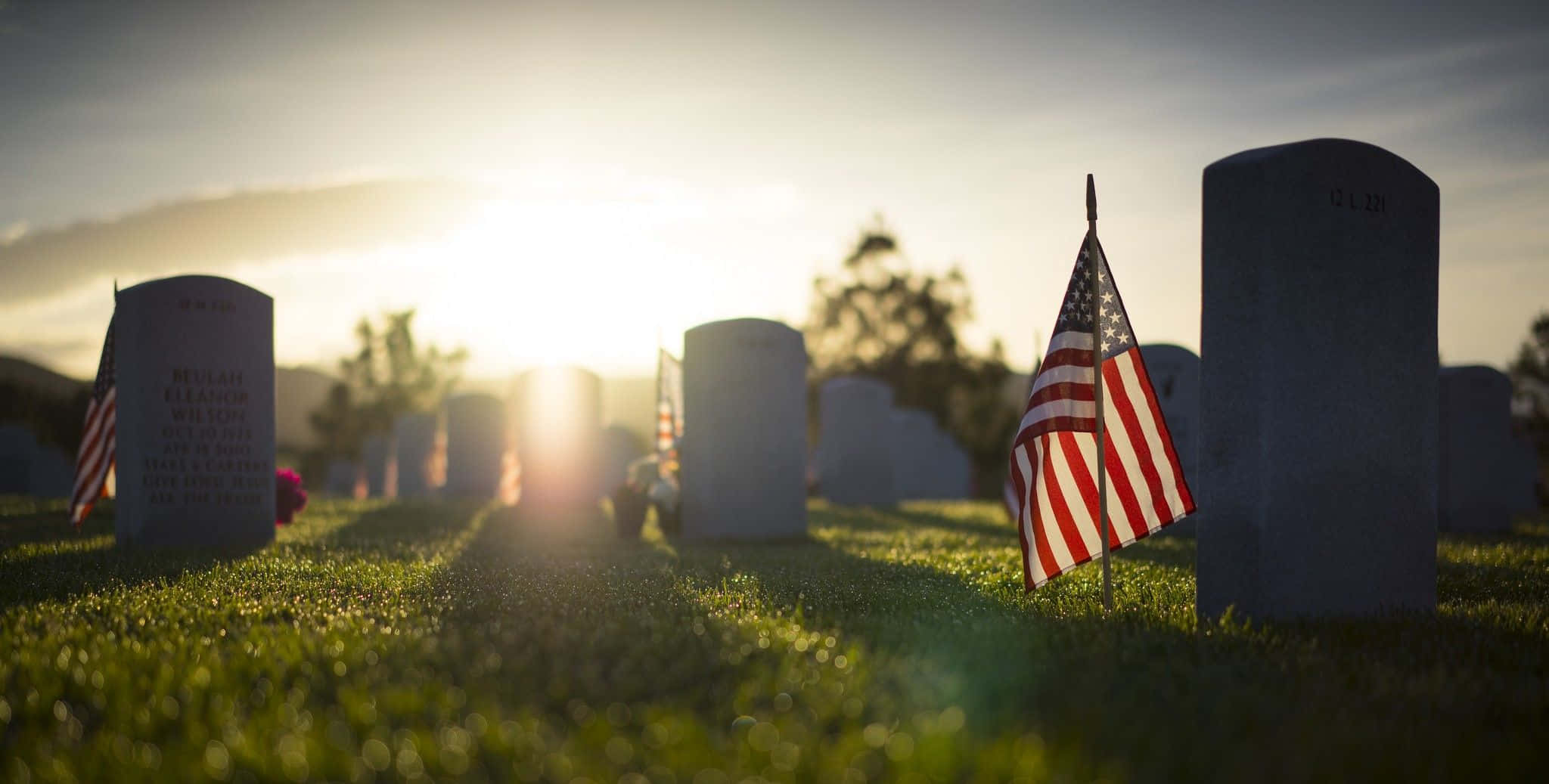 American Flag, gravestones, serene cemetery, Full HD Desktop Wallpaper
