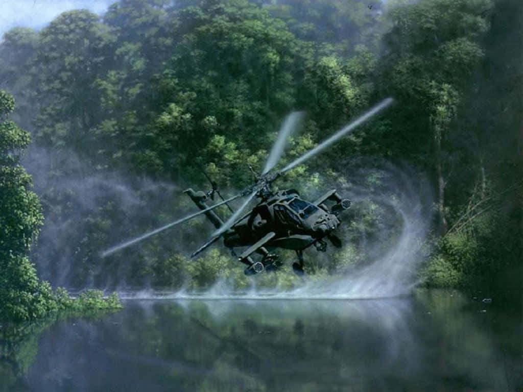military helicopter, misty jungle river, rotors, SD Desktop Wallpaper