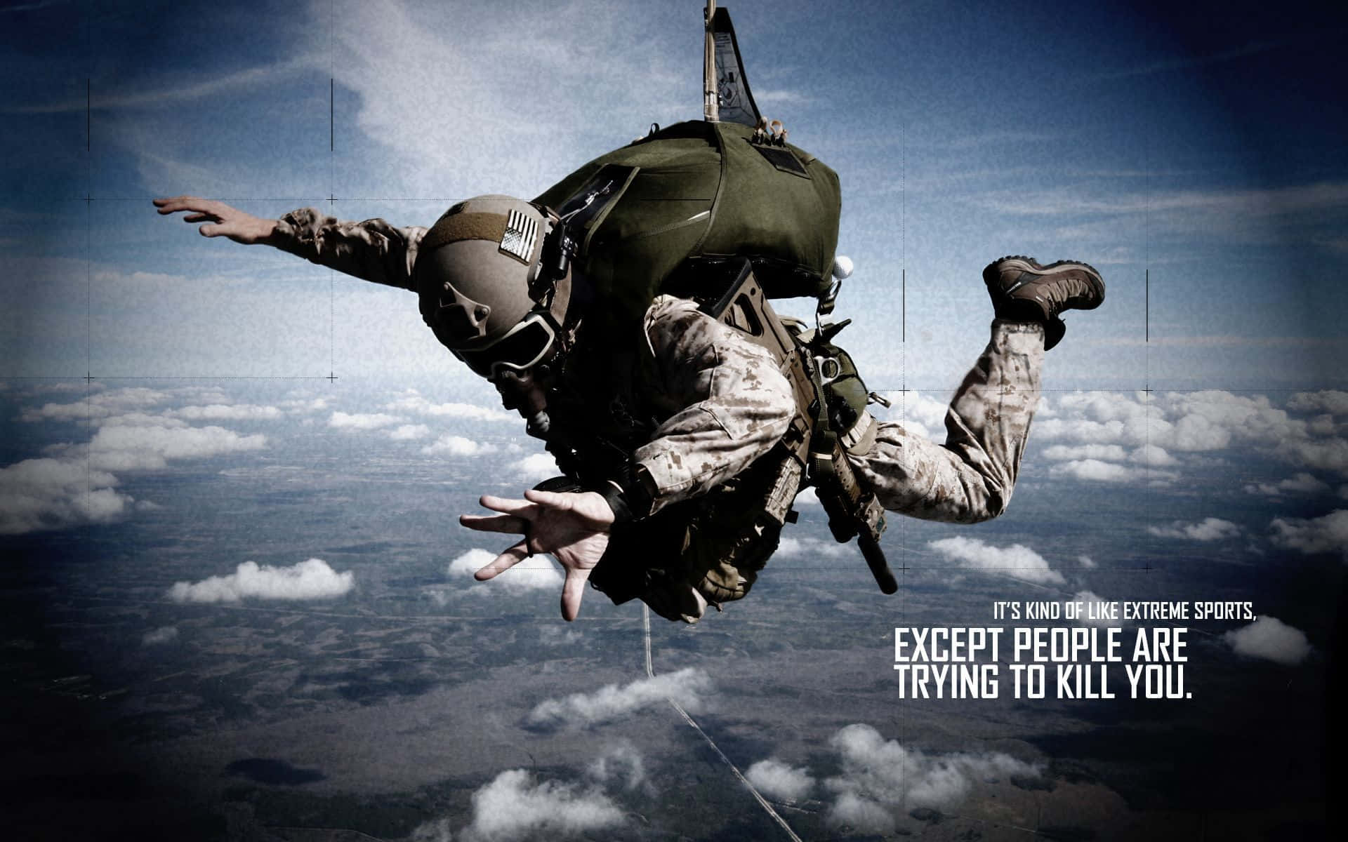 Parachute Sky Diving, soldier in full gear, cloudy sky, Full HD Desktop Wallpaper