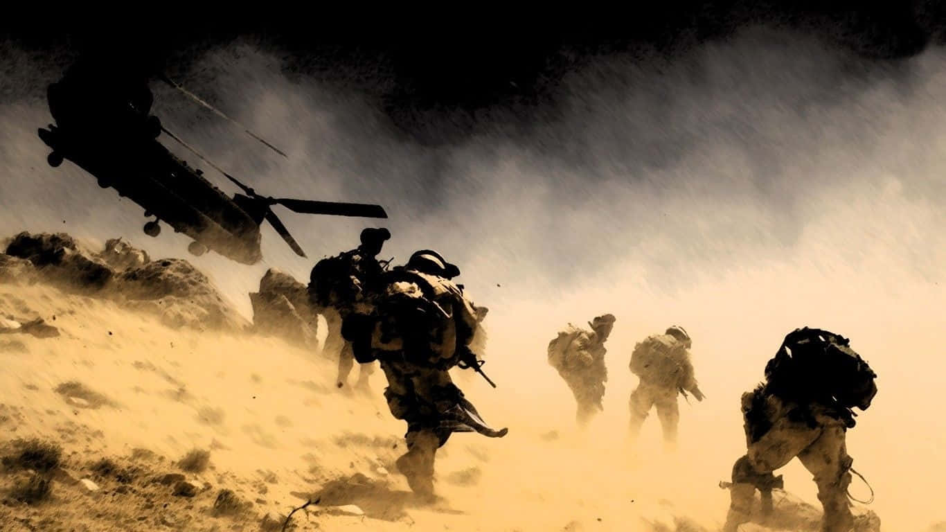 Soldier, dusty battlefield, helicopter, HD Desktop Wallpaper