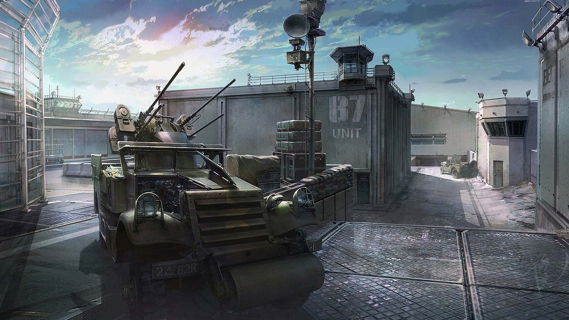 military armored vehicle, mounted guns, industrial compound, Full HD Desktop Wallpaper