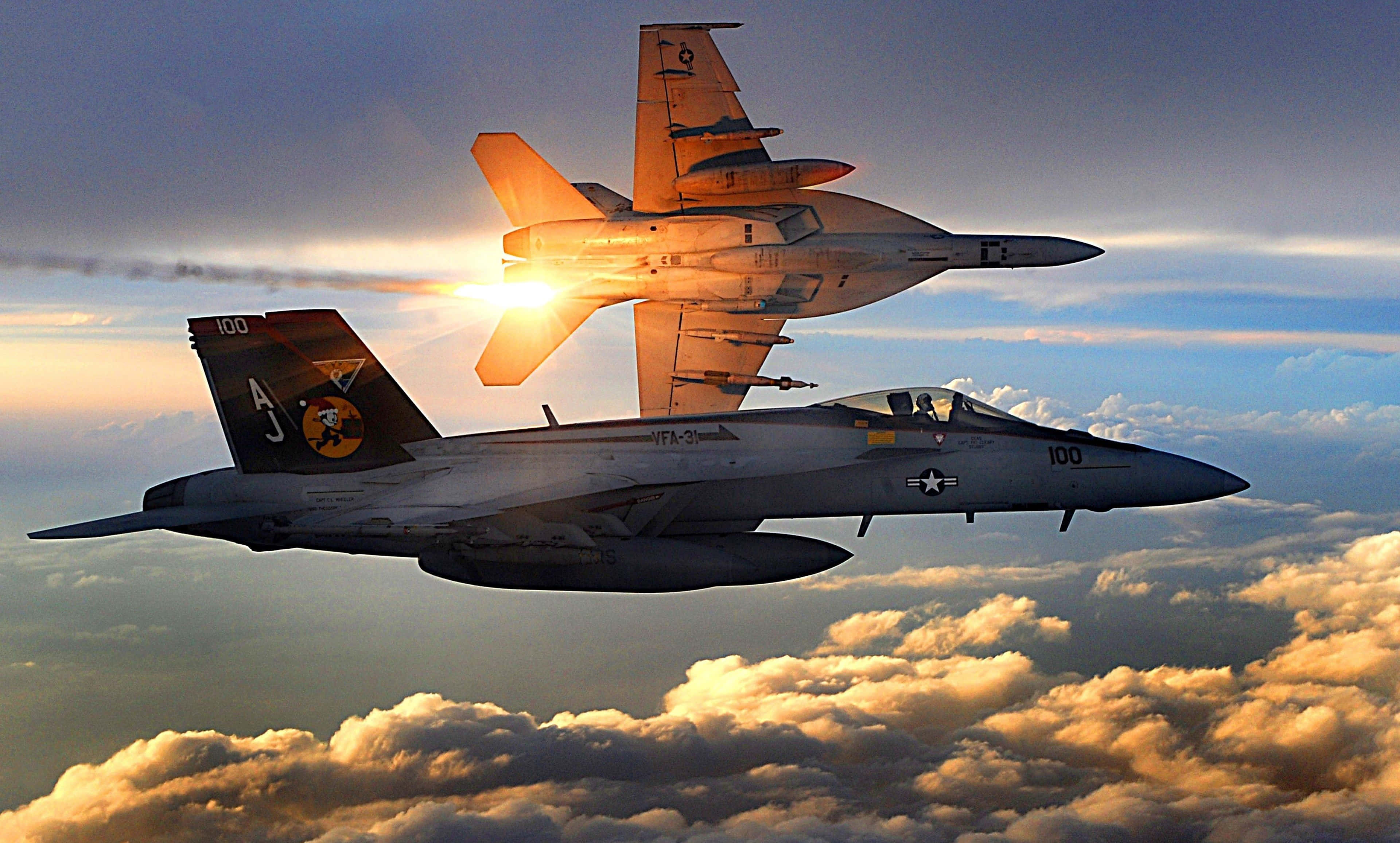 fighter jets, sunset clouds, sun glowing, 4K Desktop Wallpaper