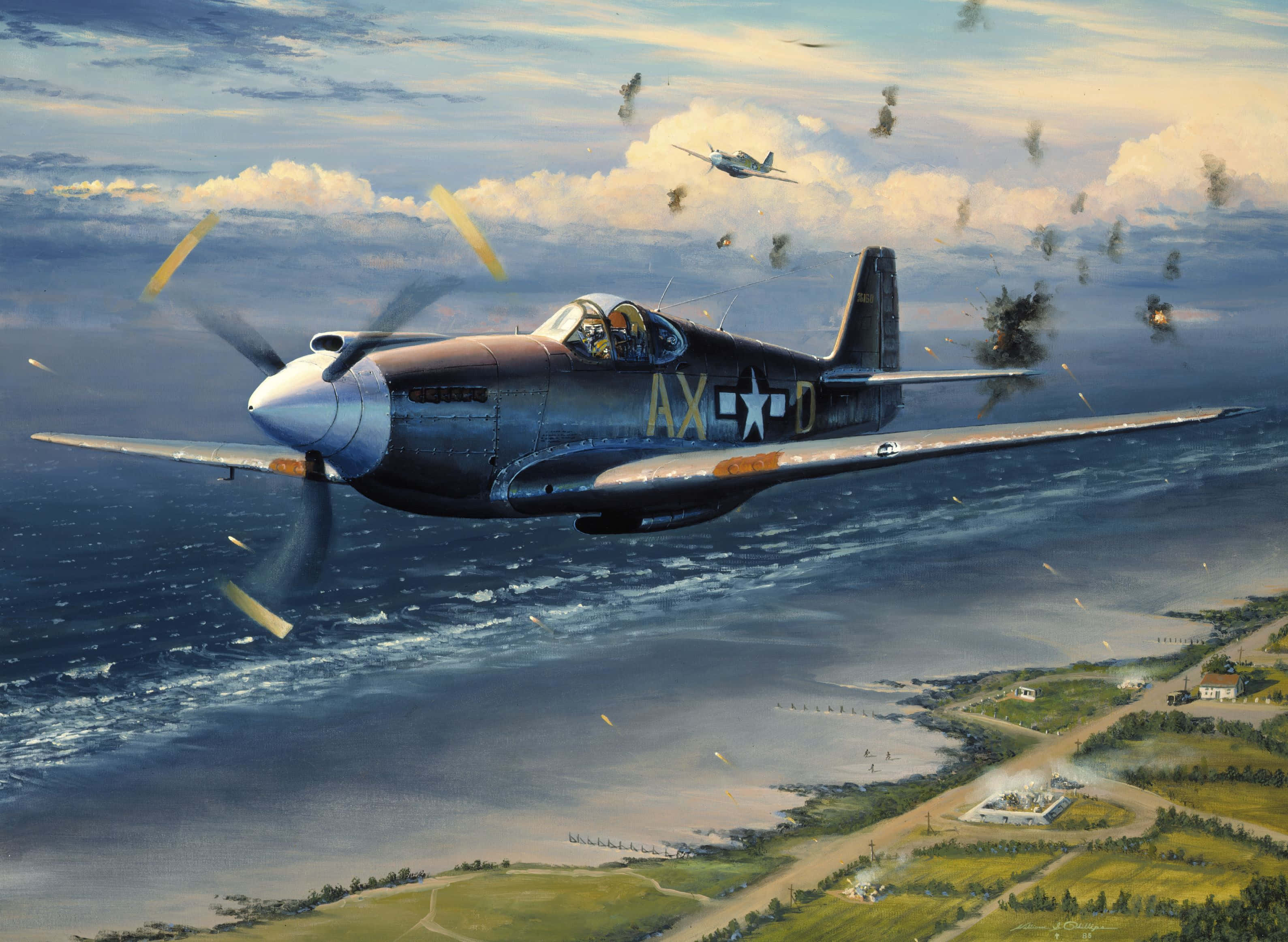 vintage military fighter plane, coastal landscape, explosive combat, 2K Desktop Wallpaper