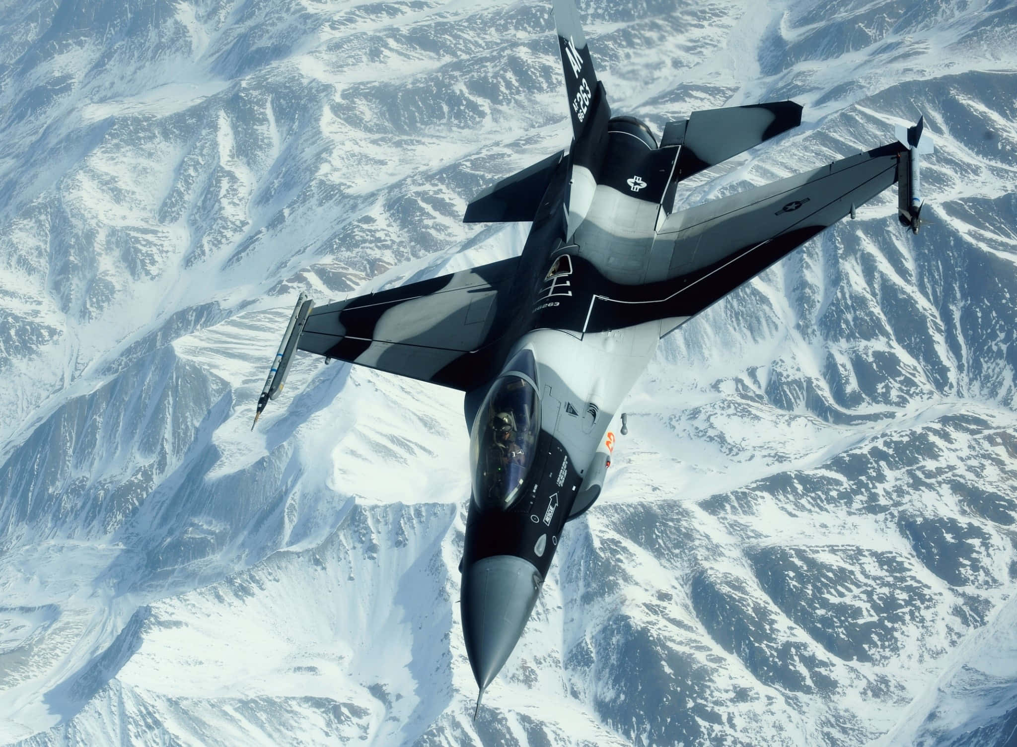 fighter jet, snow-covered mountain peaks, clear skies, Full HD Desktop Wallpaper