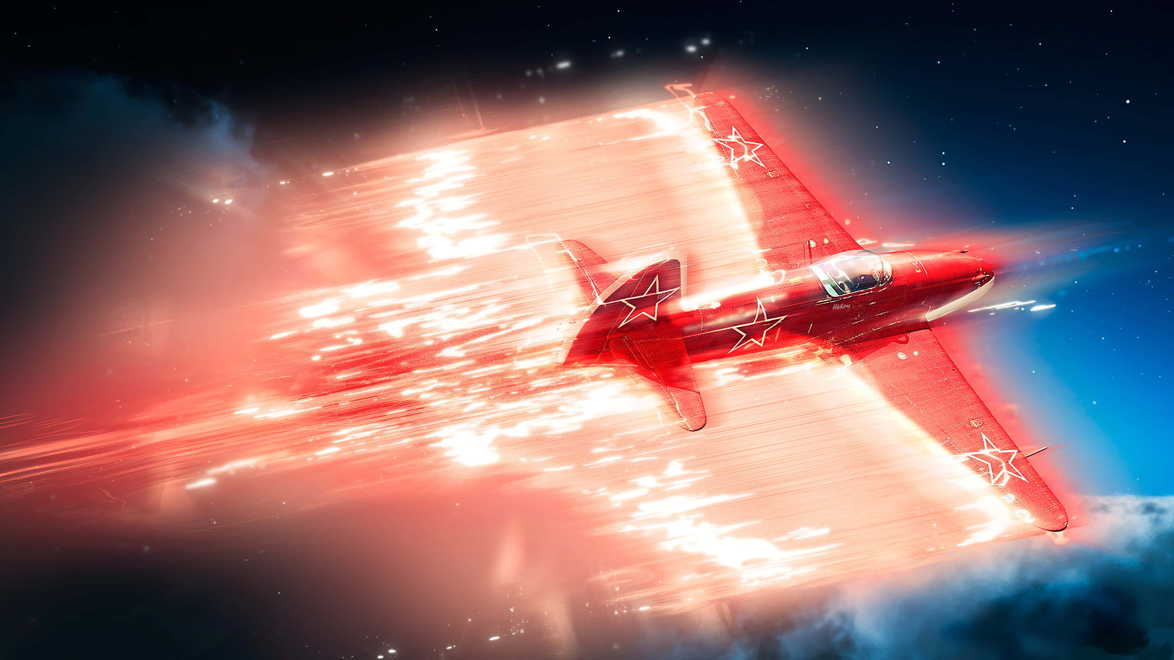 fighter jet, red star-spangled, starry night sky, 4K Desktop Wallpaper