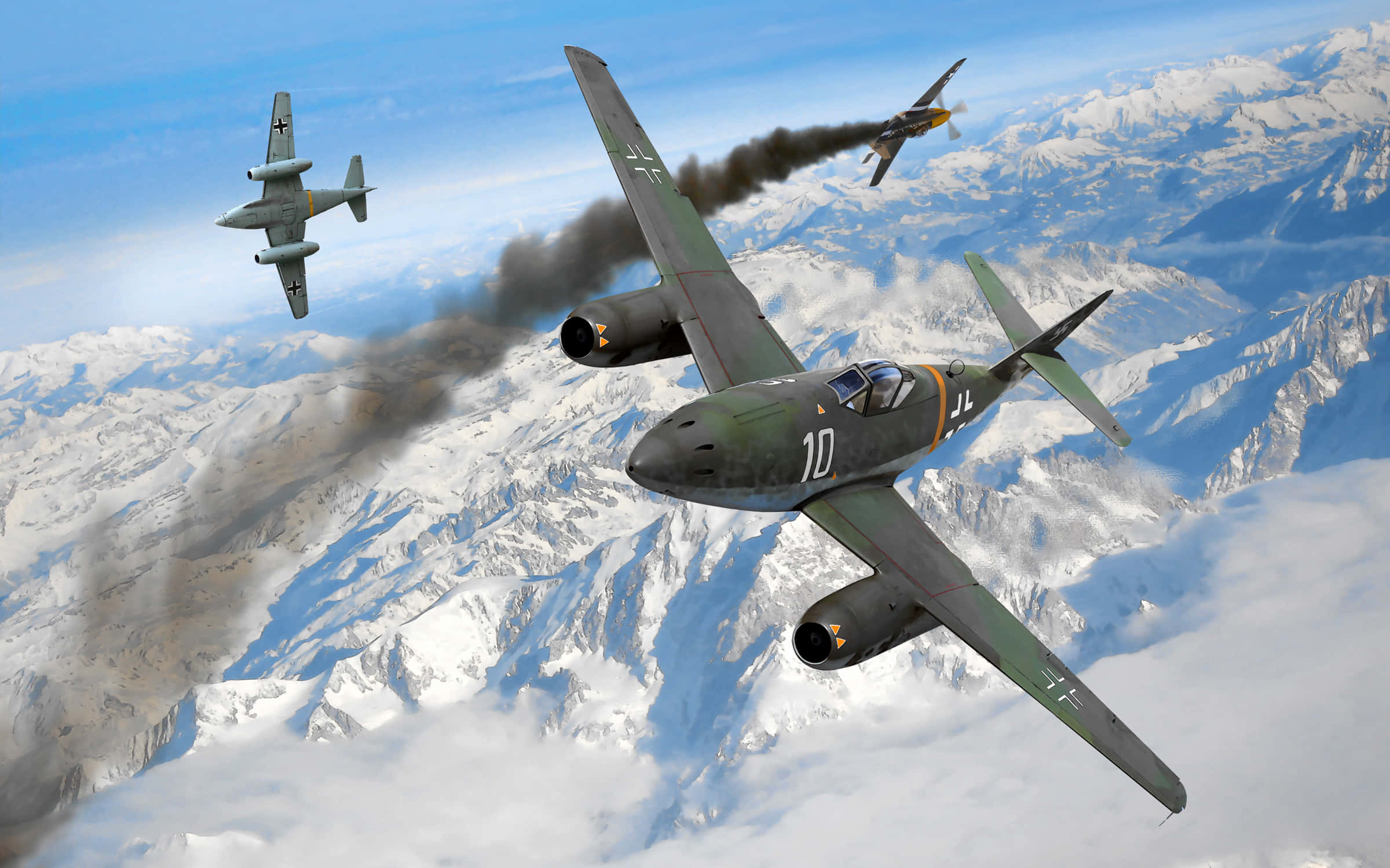 vintage fighter planes, dogfight, snowcapped mountains, Full HD Desktop Wallpaper
