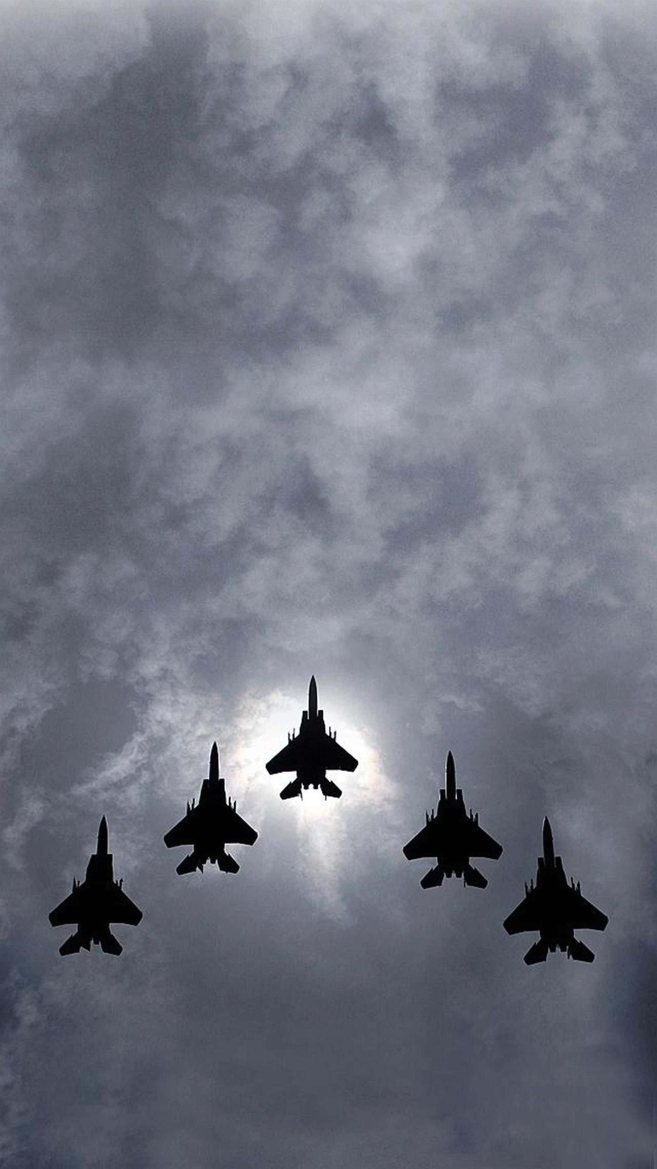 fighter jets, tight formation, dramatic cloudy sky, 4K Phone Wallpaper