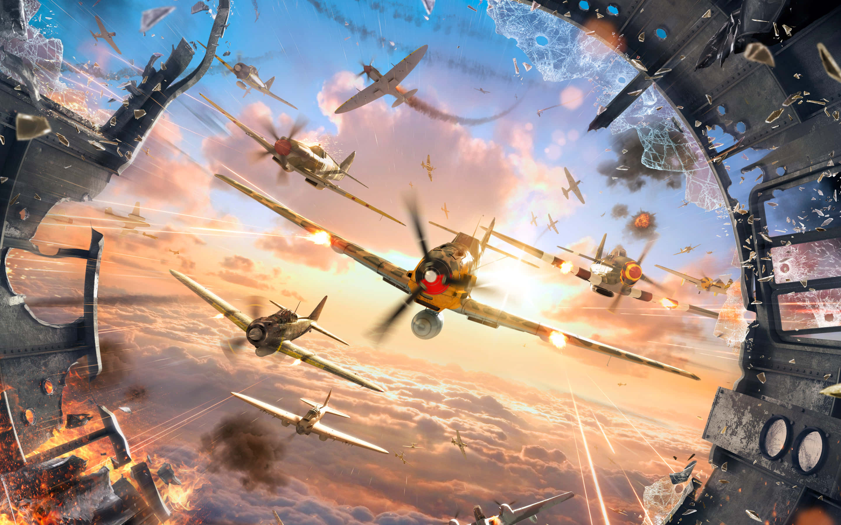 vintage fighter planes, aerial dogfight, shattered glass, 2K Desktop Wallpaper