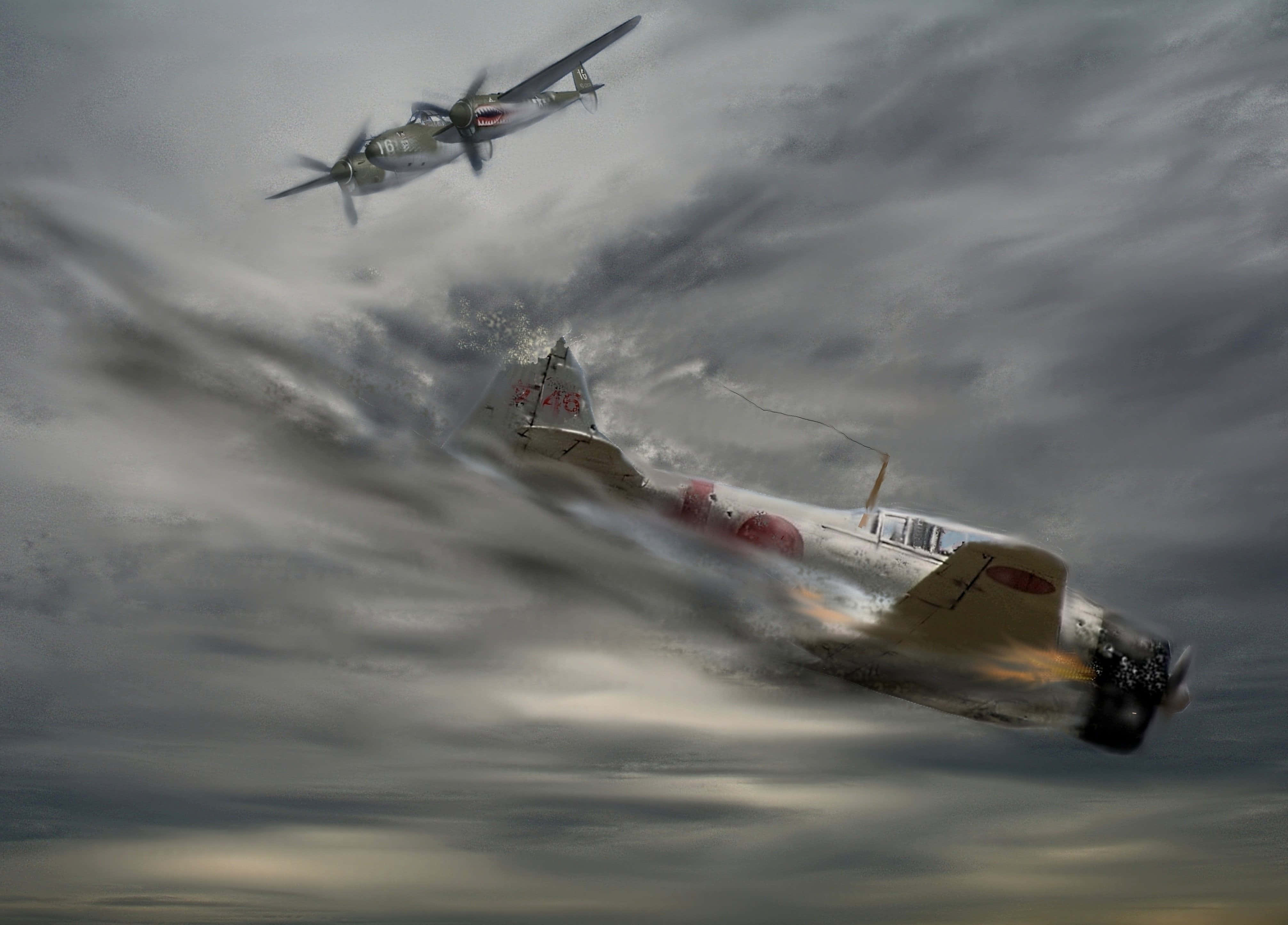 vintage fighter planes, stormy sky, smoke trails, 4K Desktop Wallpaper