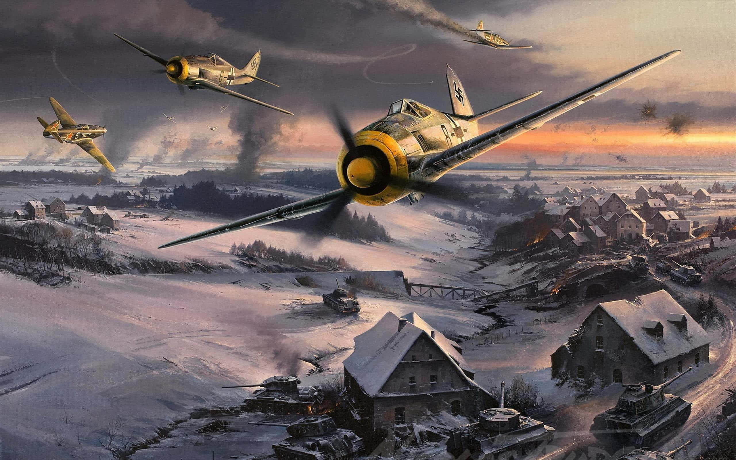 warplanes, snow-covered village, tanks, 2K Desktop Wallpaper