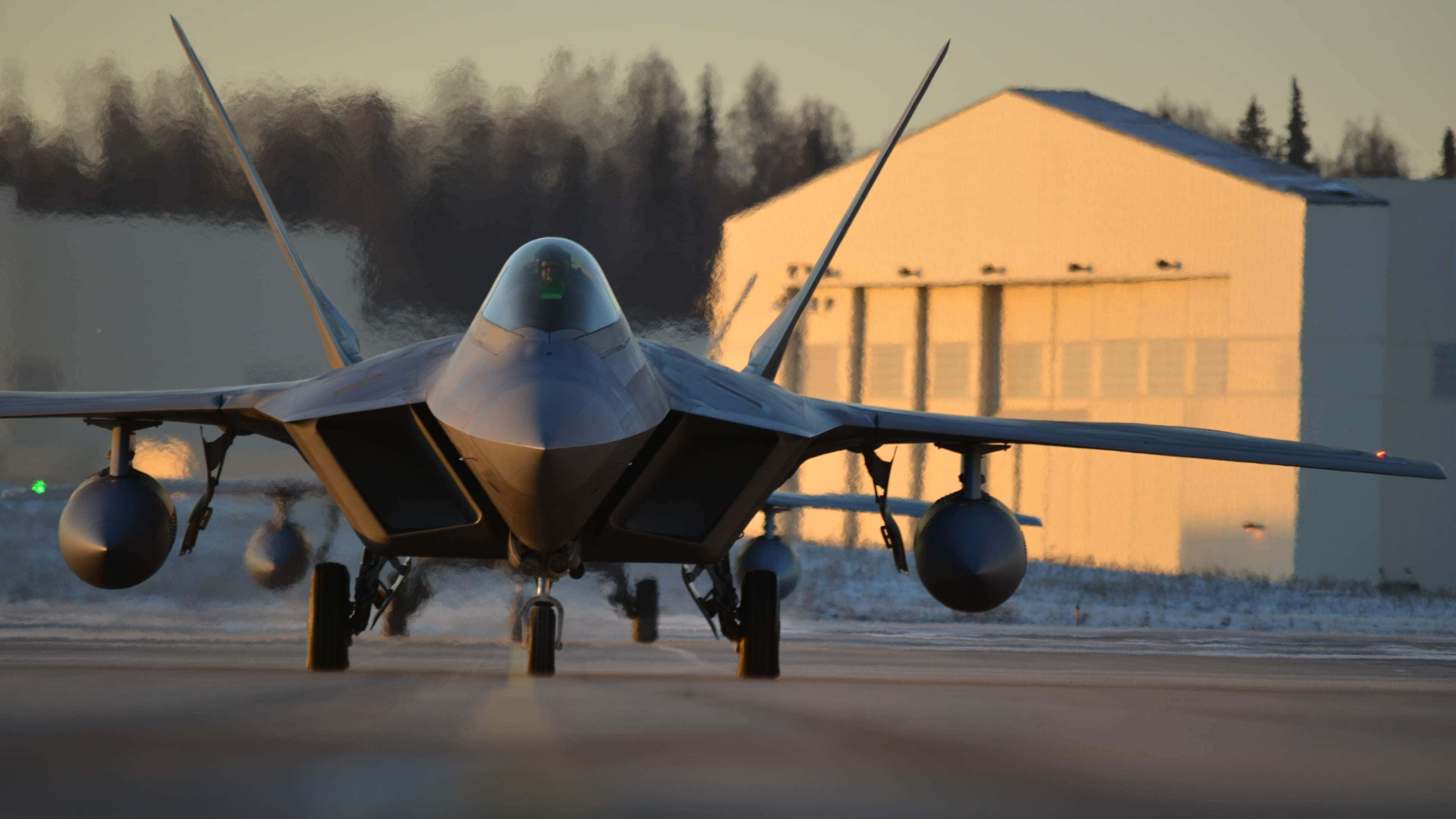 fighter jet, snowy runway, dawn, 4K Desktop Wallpaper