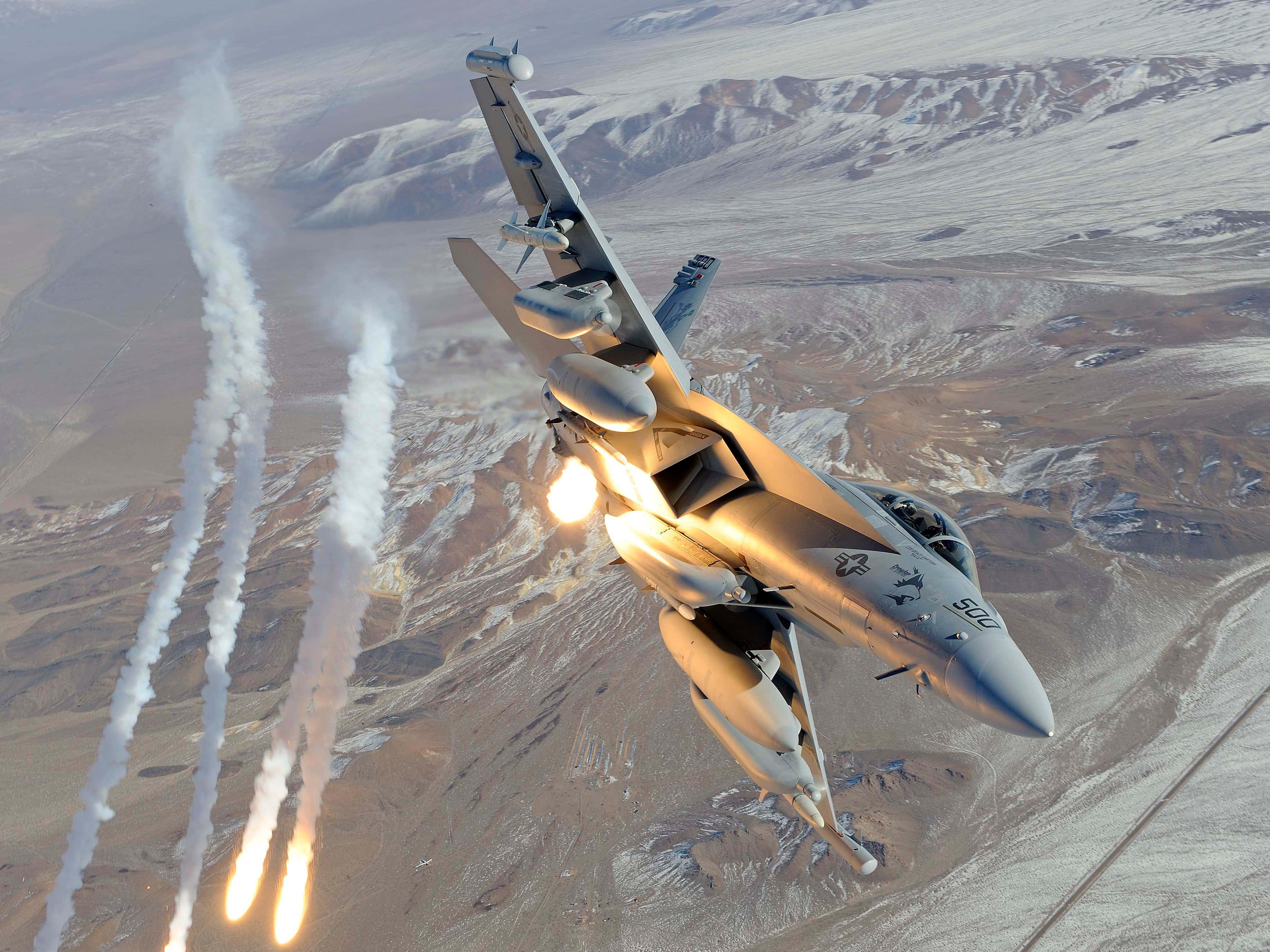 fighter jet, snowy mountains, contrails, 2K Desktop Wallpaper