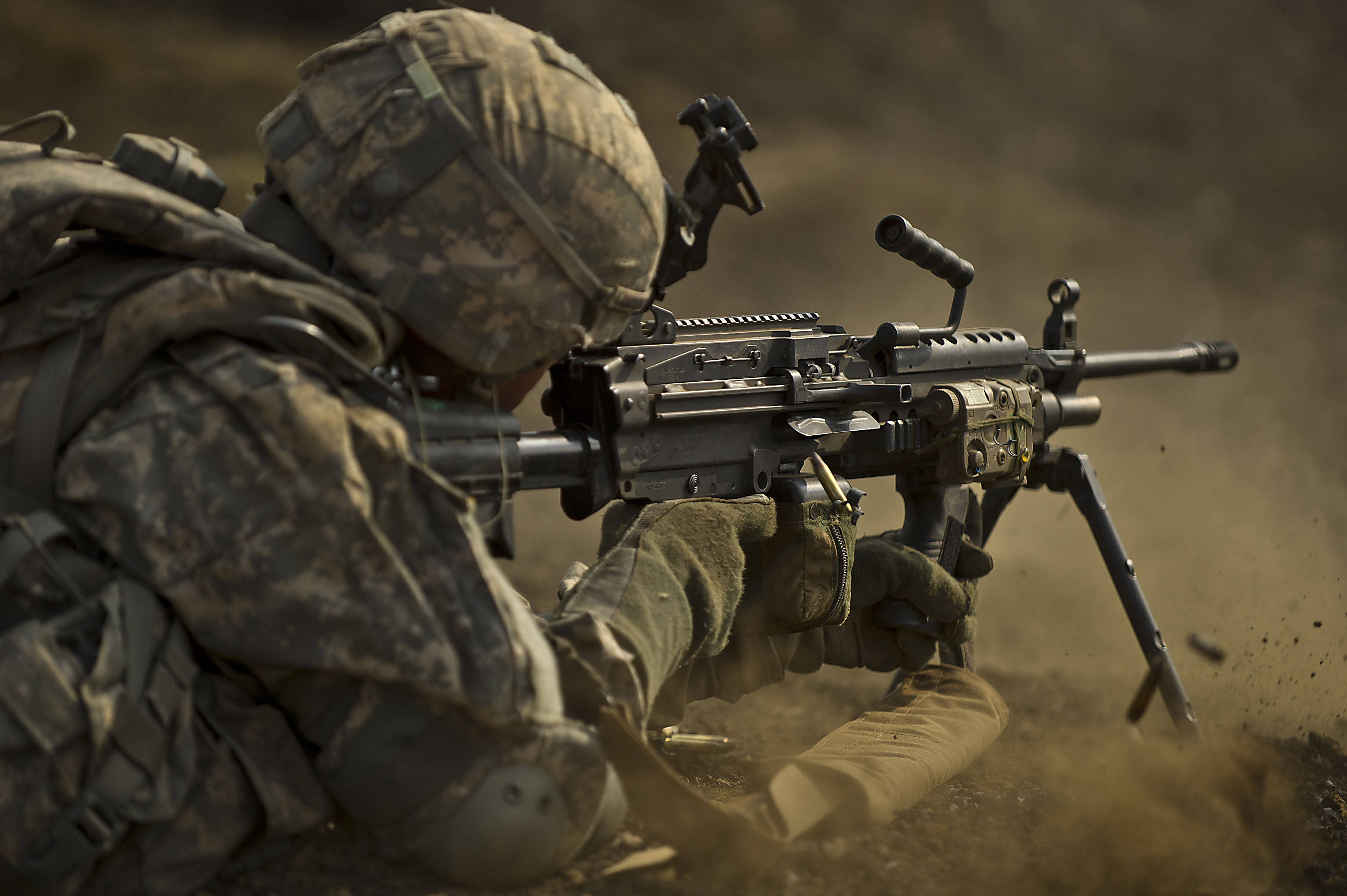 military sniper, camouflage gear, heavy machine gun, 4K Desktop Wallpaper