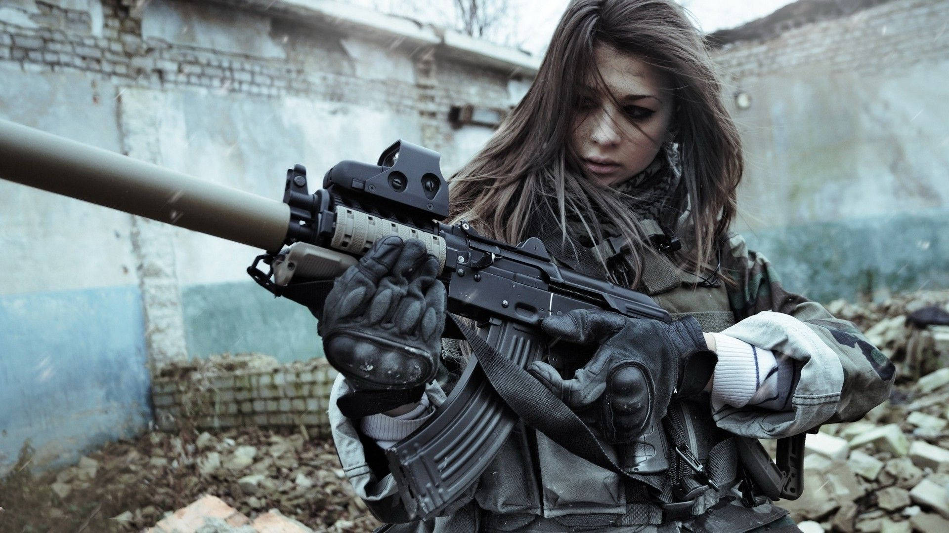 military woman, assault rifle, camouflage gear, Full HD Desktop Wallpaper